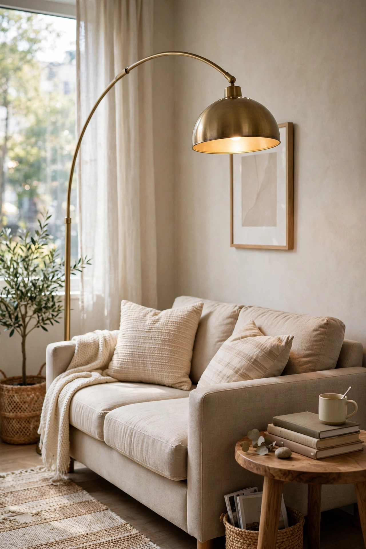 Brass arc floor lamp with a curved neck reaching over a compact beige loveseat