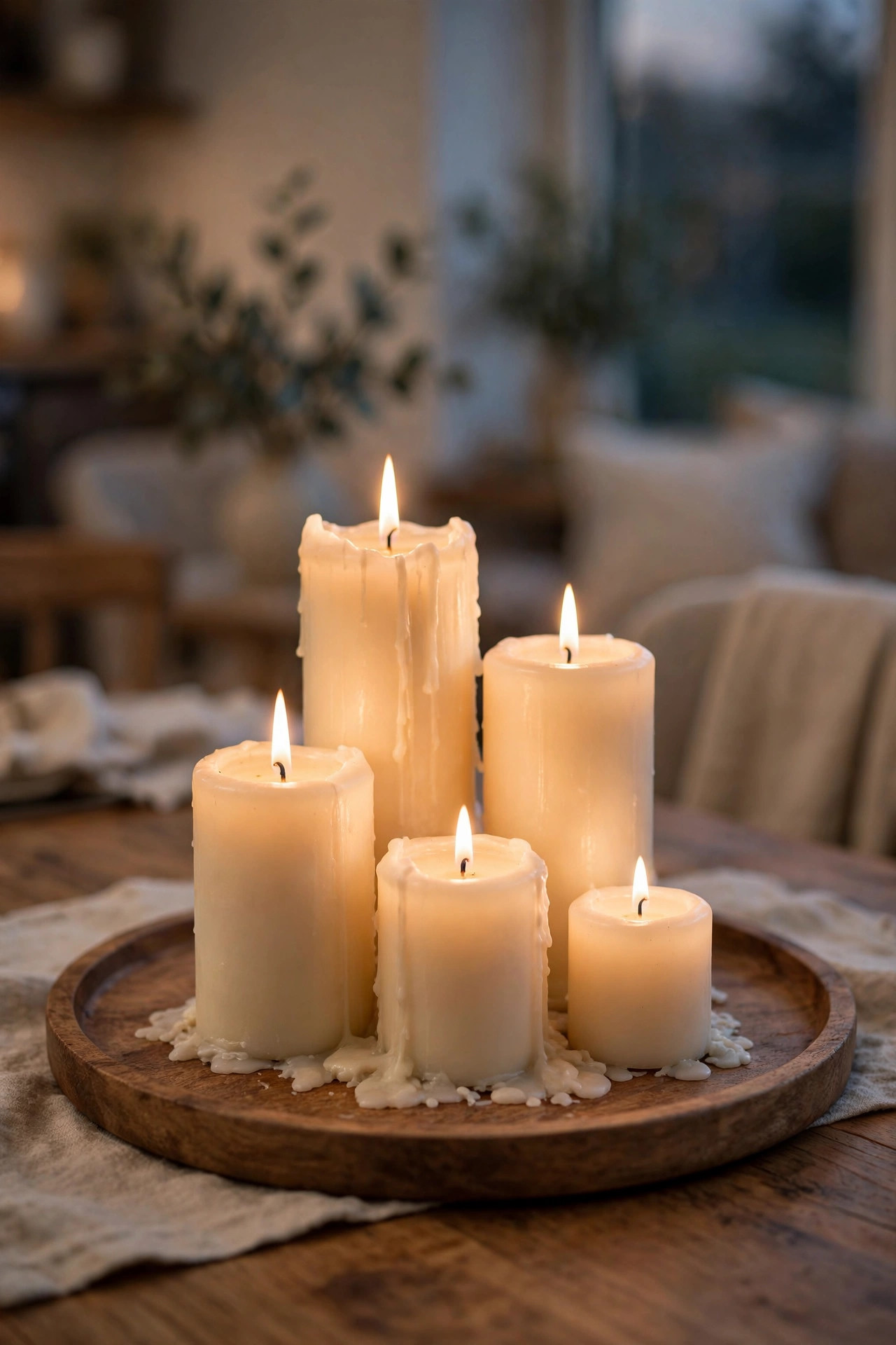 22 Decor Ideas Under $50 That Change Everything 17 Cluster of cream pillar candles in different heights on a round wooden tray