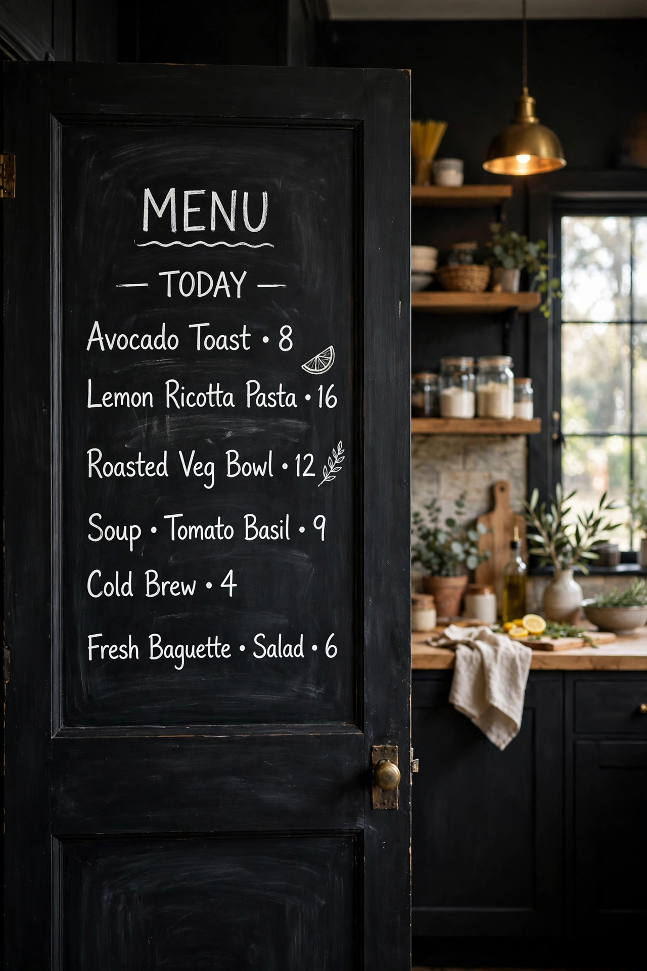 Chalkboard black pantry door with handwritten menu notes in a moody kitchen.
