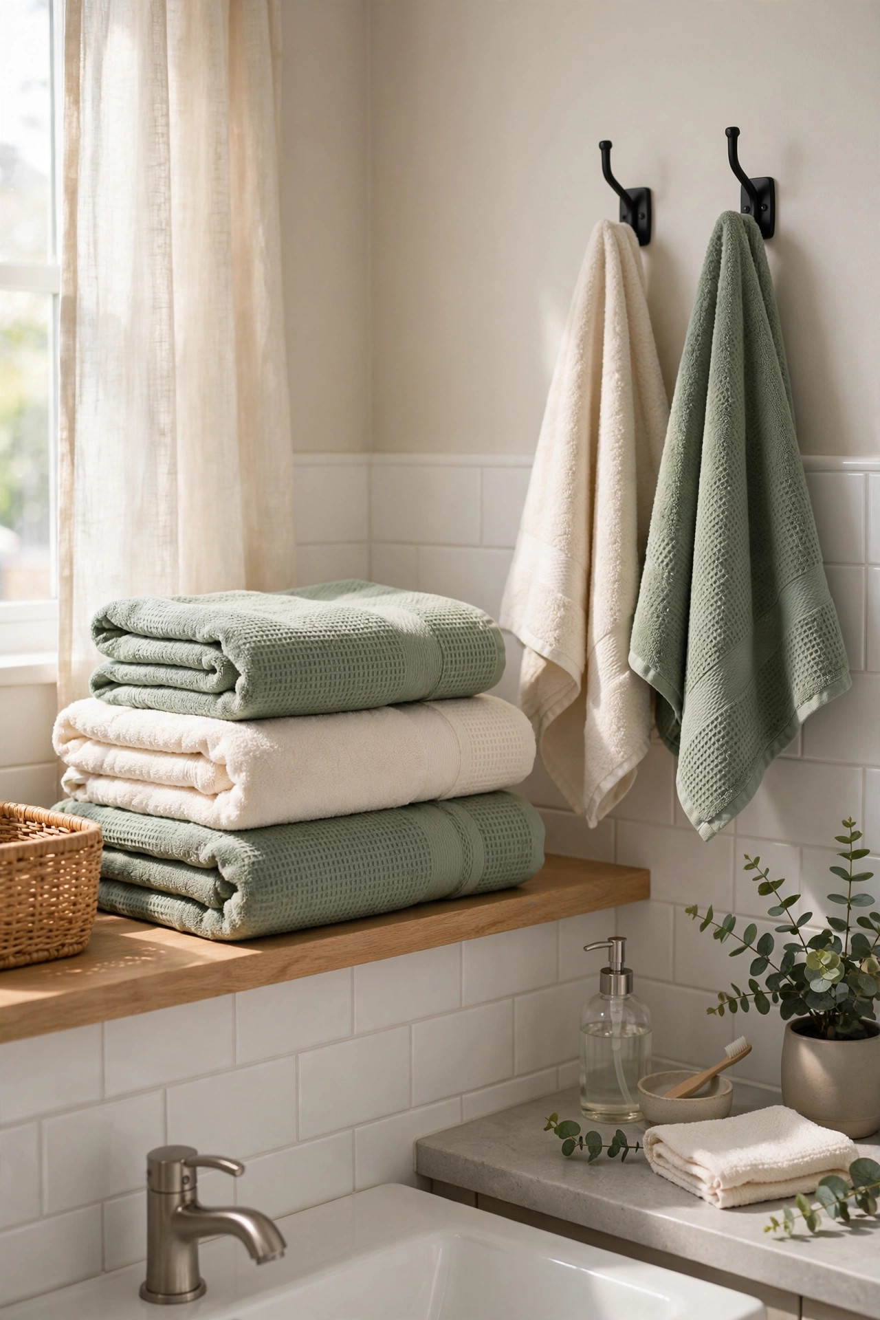 19 Rental Bathroom Ideas That Make It Feel Like Your Own 17 Neatly folded sage green and cream towels in a coordinated set stacked on a bathroom shelf and hung from a hook.