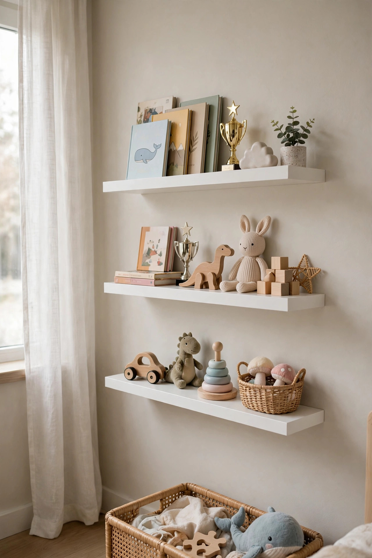 Floating shelves with books and toys at kid height on a bedroom wall.