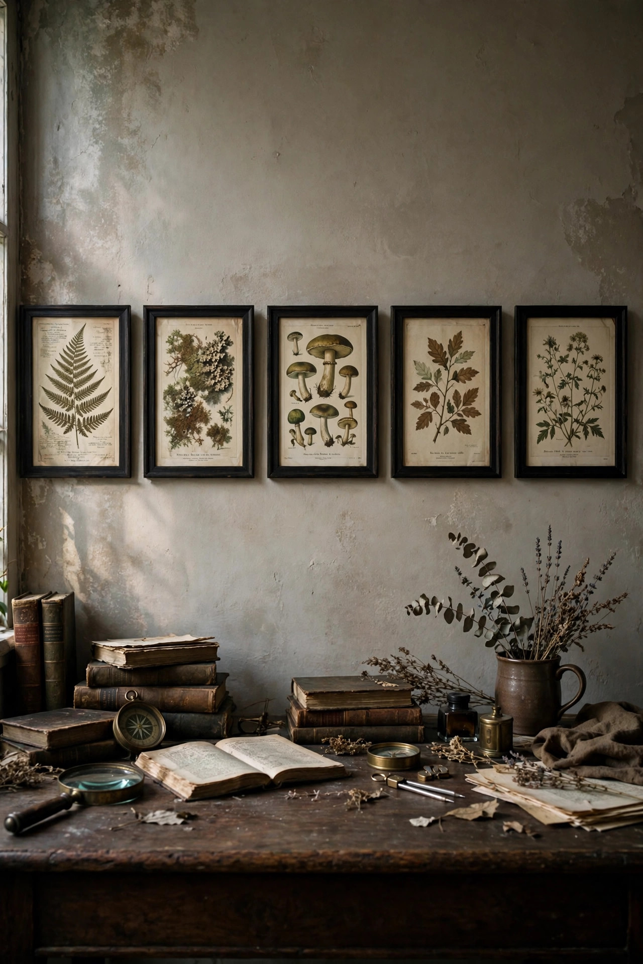 21 Dark Academia Room Decor Ideas That Feel Like an Old Library 17 Row of framed vintage botanical illustrations above a dark wood desk