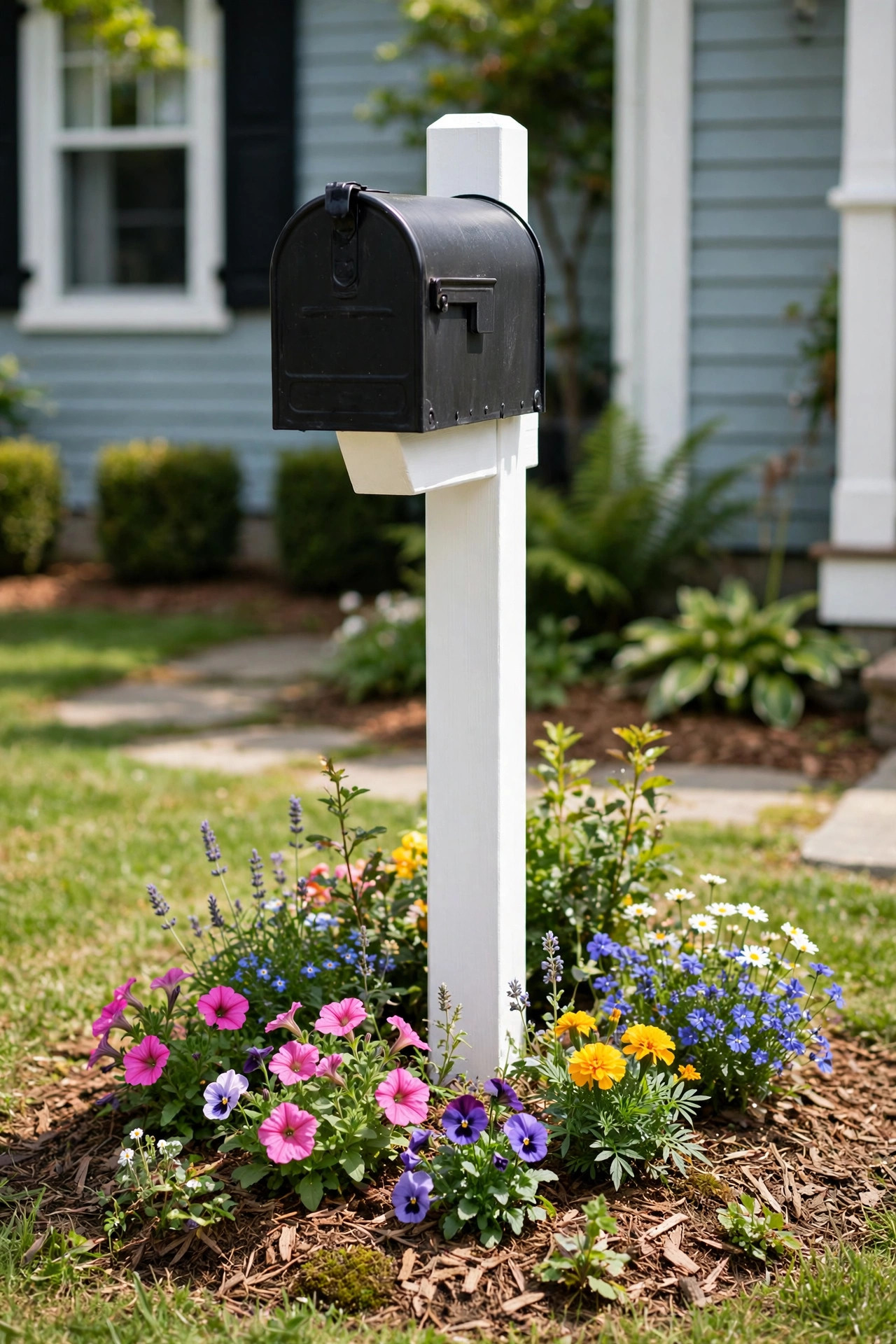 Small Front Yard Landscaping Ideas With Big Impact 17 White mailbox post with flowers planted around its base.