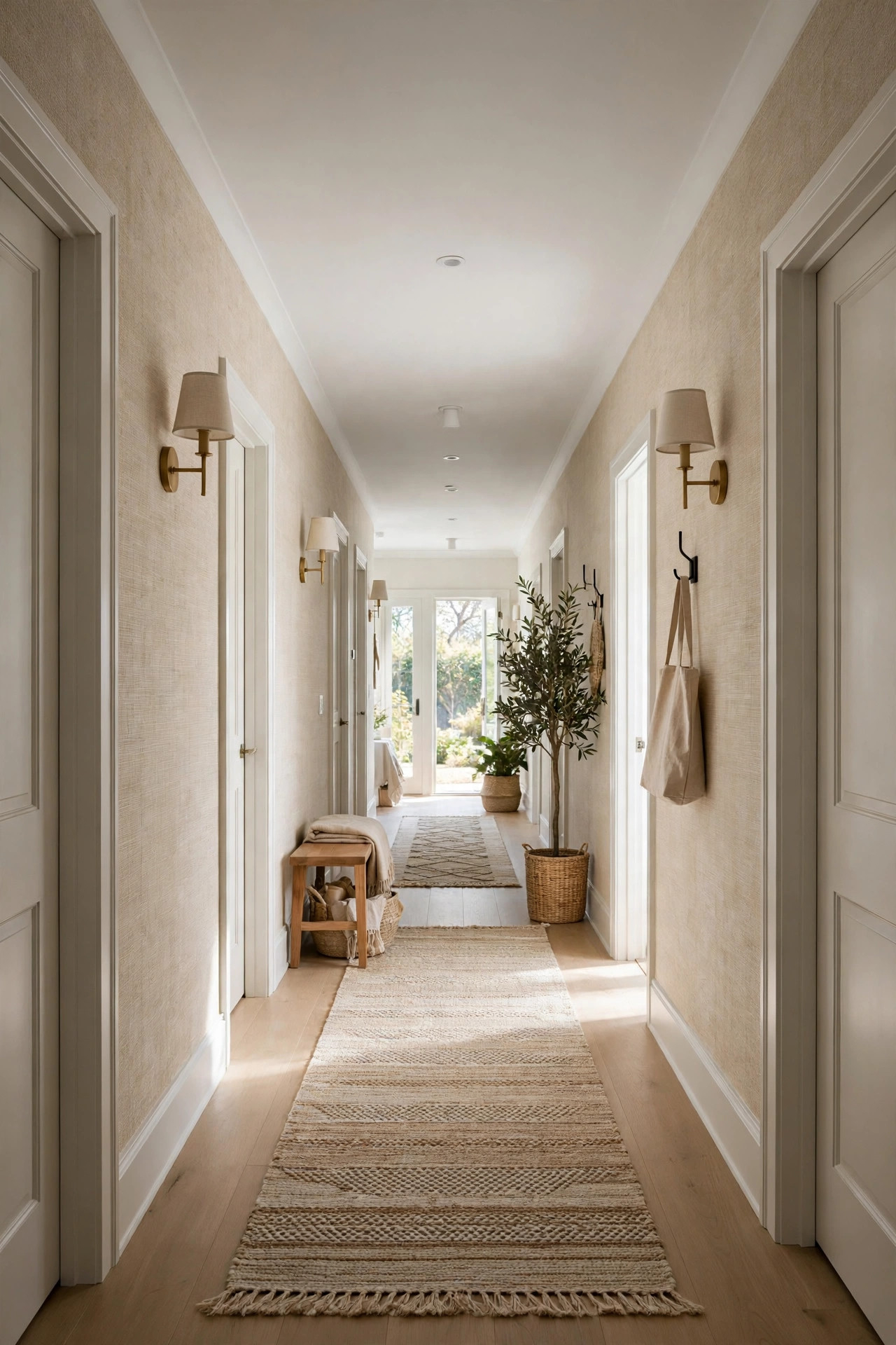 Hallway with natural grasscloth texture peel and stick wallpaper and runner rug.