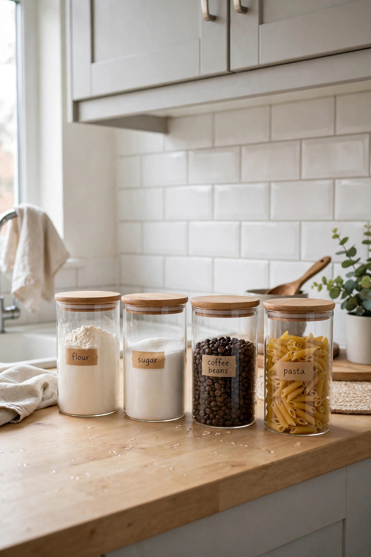 18 Renter-Friendly Kitchen Upgrades That Need Zero Permission 17 Matching glass canisters with wooden lids holding dry goods on a counter