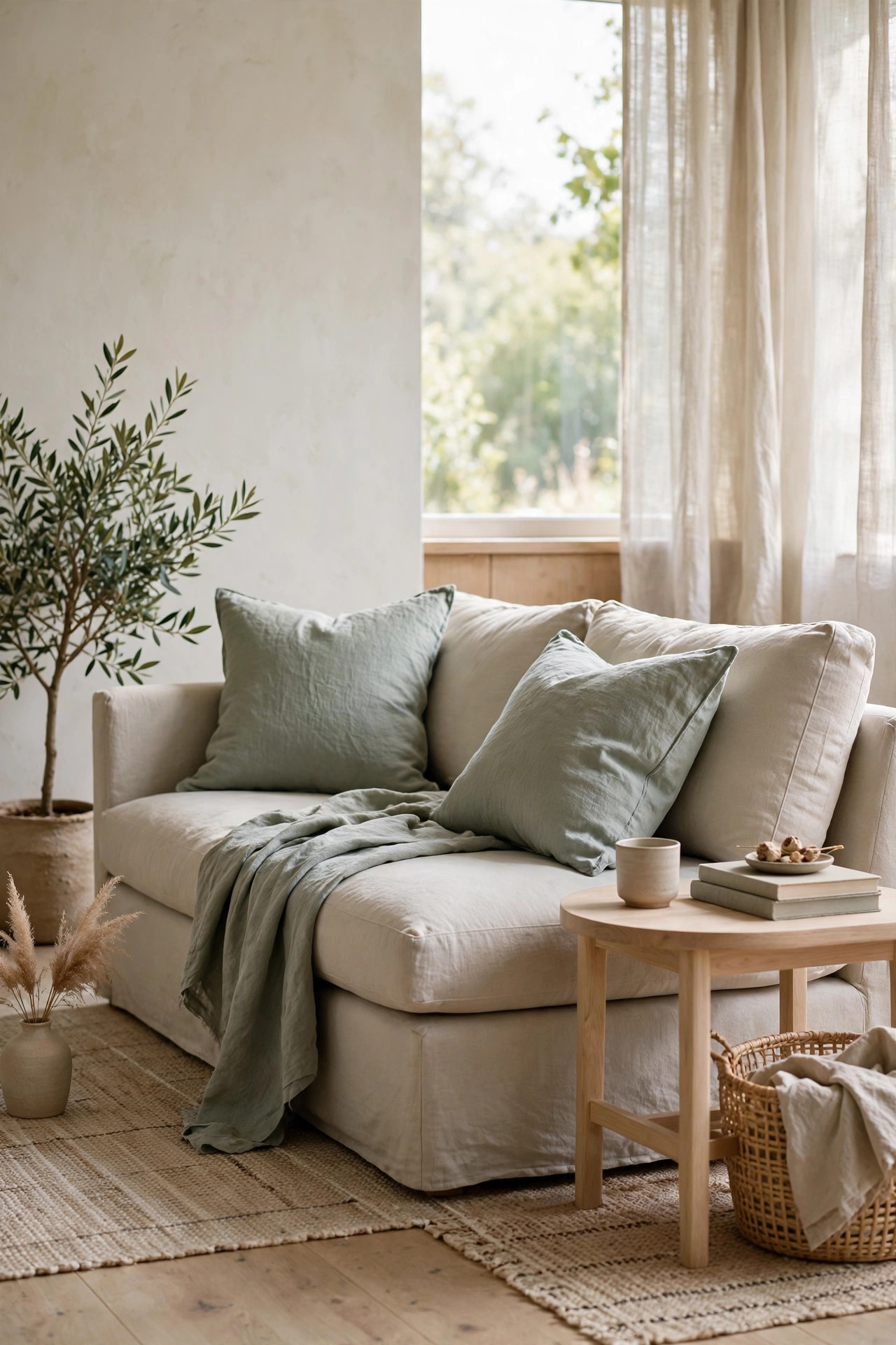 Sofa with muted sage green throw pillows in washed linen and oatmeal upholstery