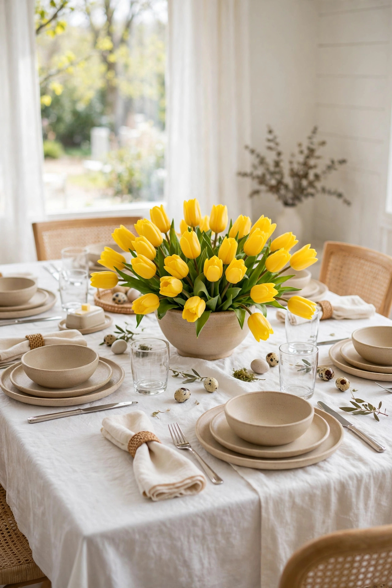 Neutral white table with a bowl of bright yellow tulips as the accent