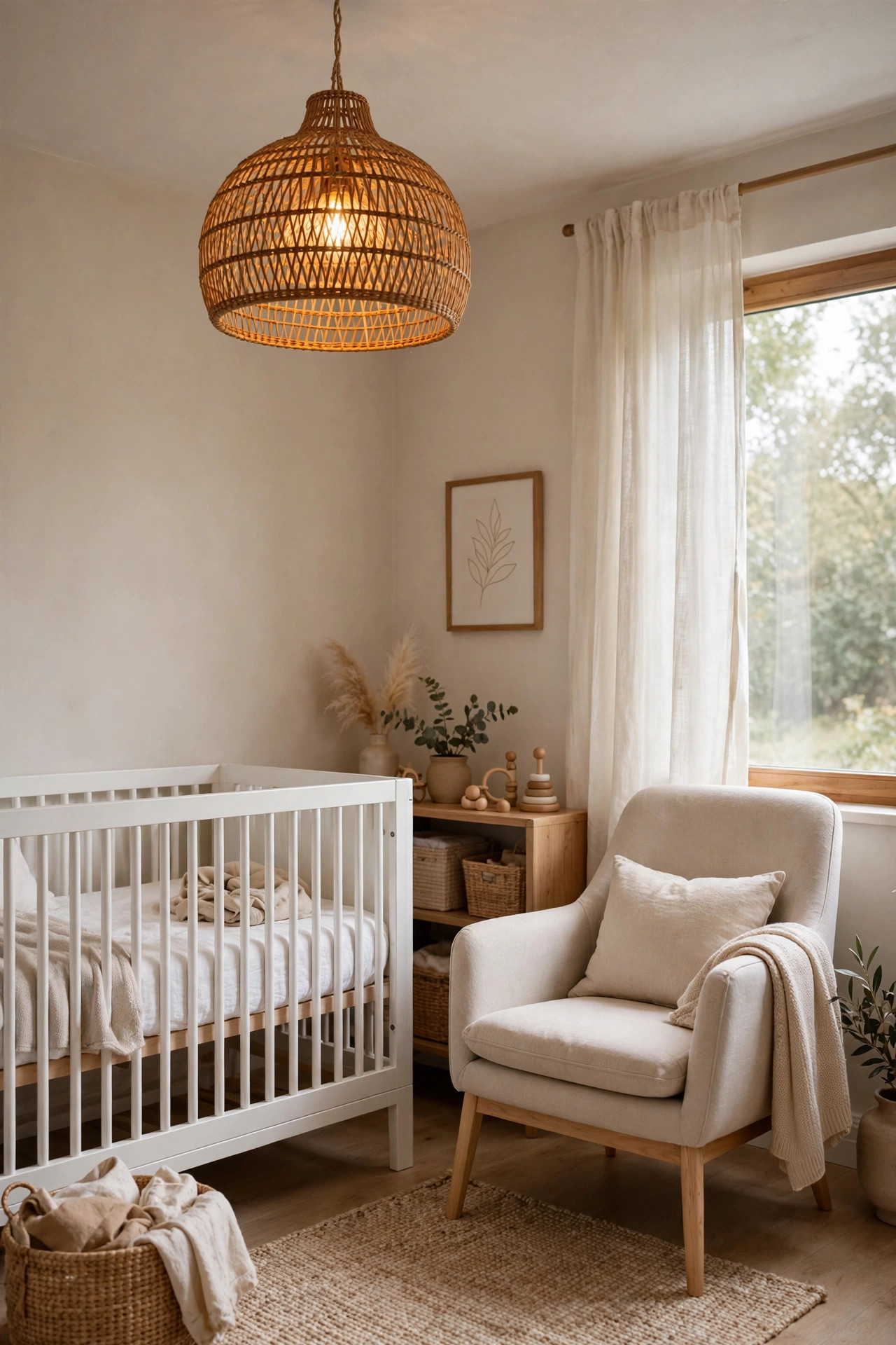 Woven rattan pendant light glowing warm above a small nursery