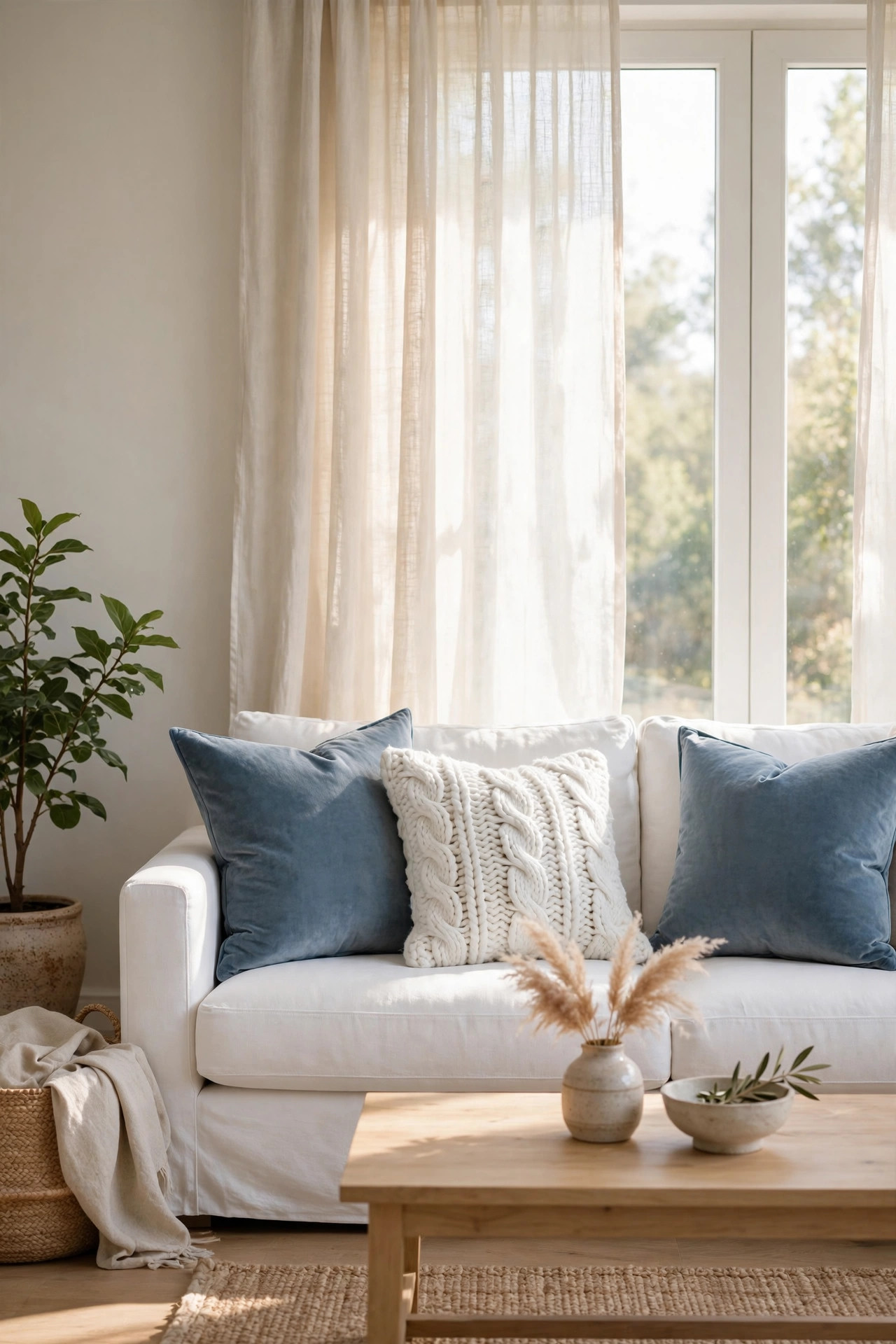 Cream upholstered bench styled with an olive green velvet pillow and a wheat golden knit pillow beside a wood table