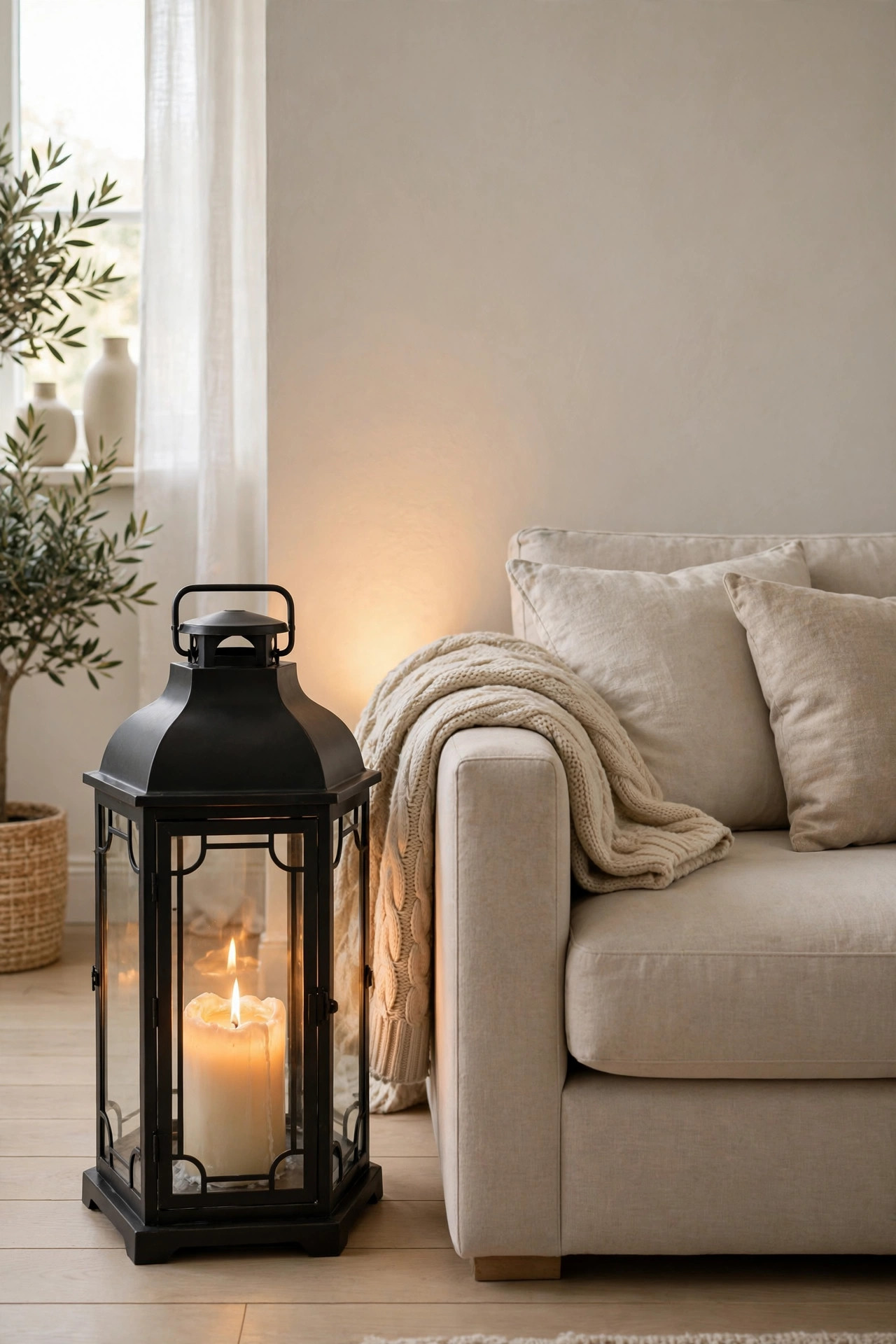 Large floor lantern with a pillar candle standing beside a sofa