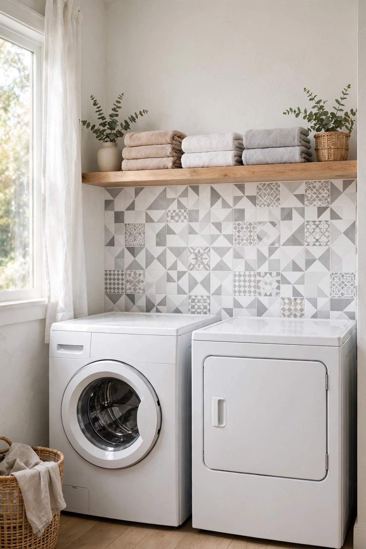 Peel-and-stick geometric backsplash tiles in white and gray behind a washer and dryer.