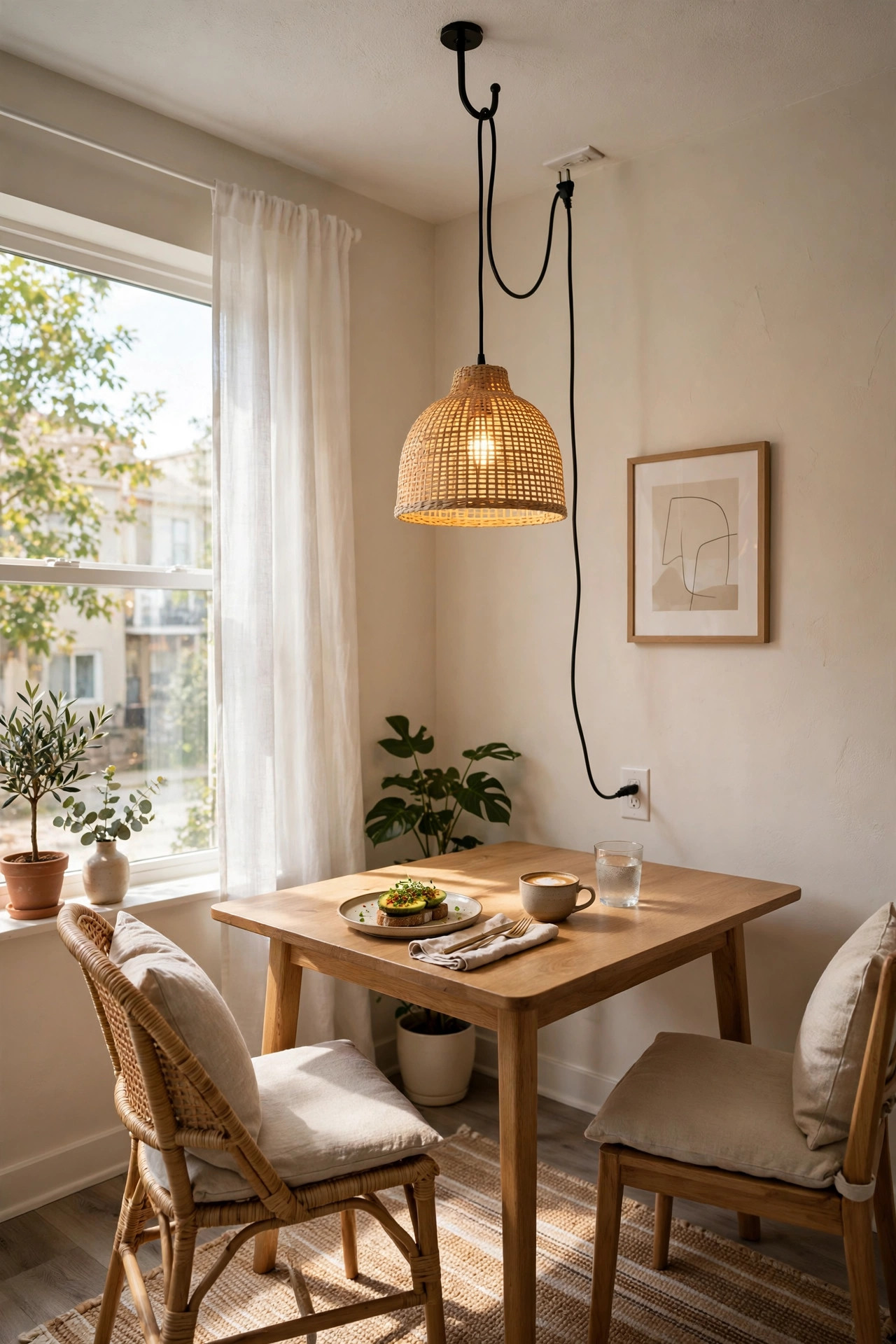 Dining corner with a plug in pendant light hanging over the table.