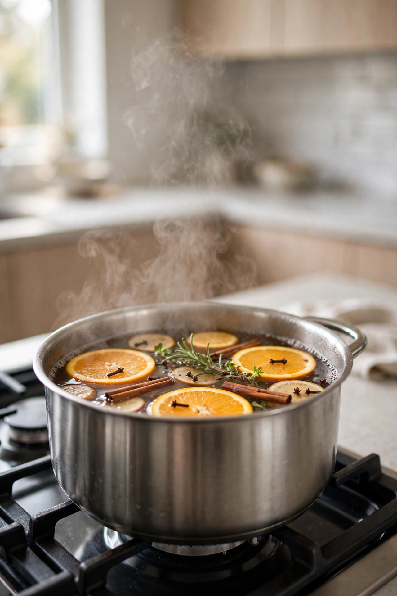 Cozy Winter Home Decor Ideas for After the Holidays 17 Pot simmering on a stove with orange slices, cinnamon sticks, and cloves, steam rising