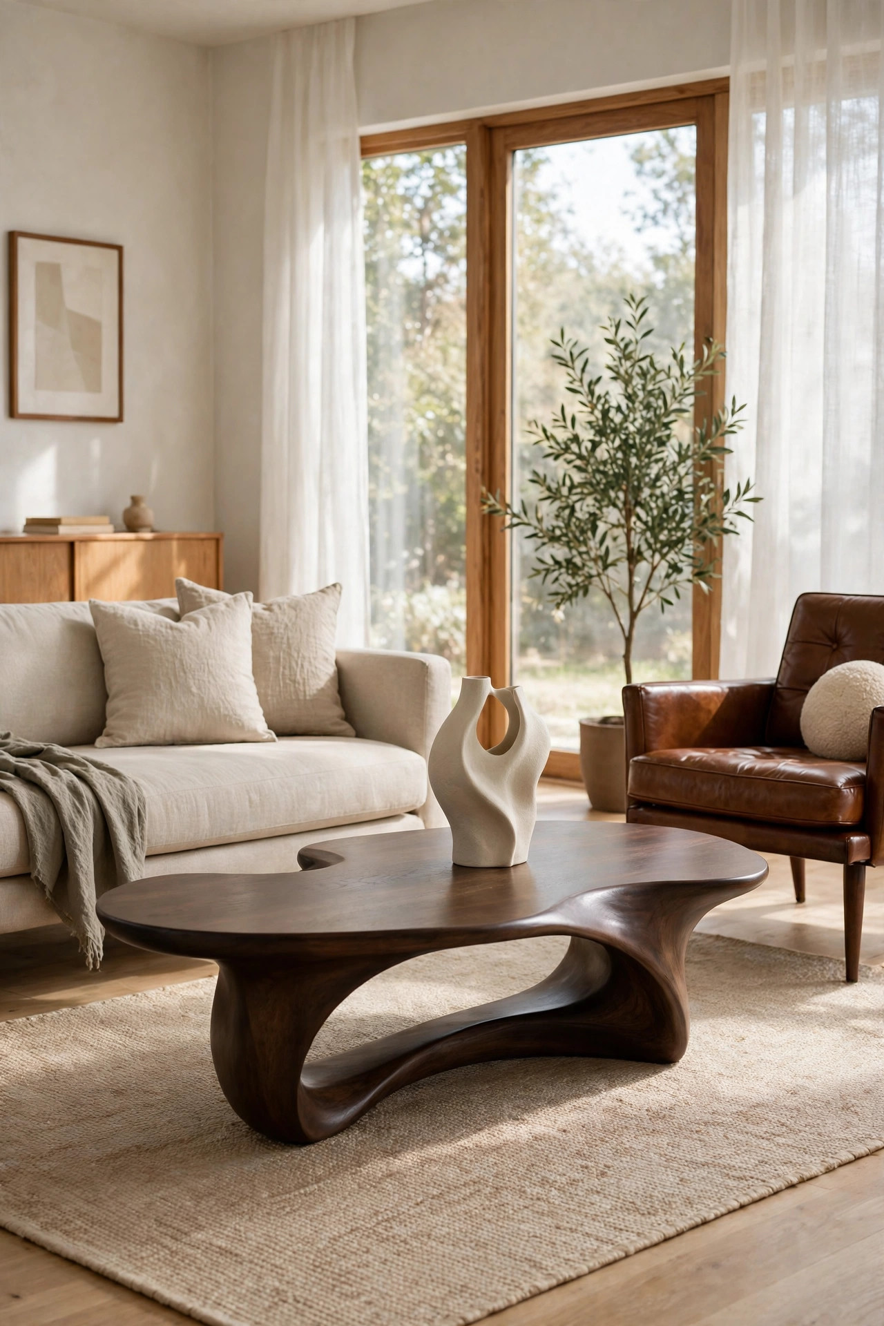 17 Mid-Century Modern Living Room Ideas That Still Feel Fresh 17 Dark wood sculptural coffee table with a single ceramic vase between sofa and chair