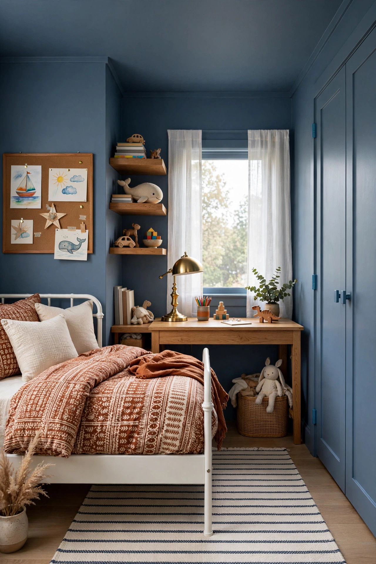 Slate blue kids room with painted walls and closet doors