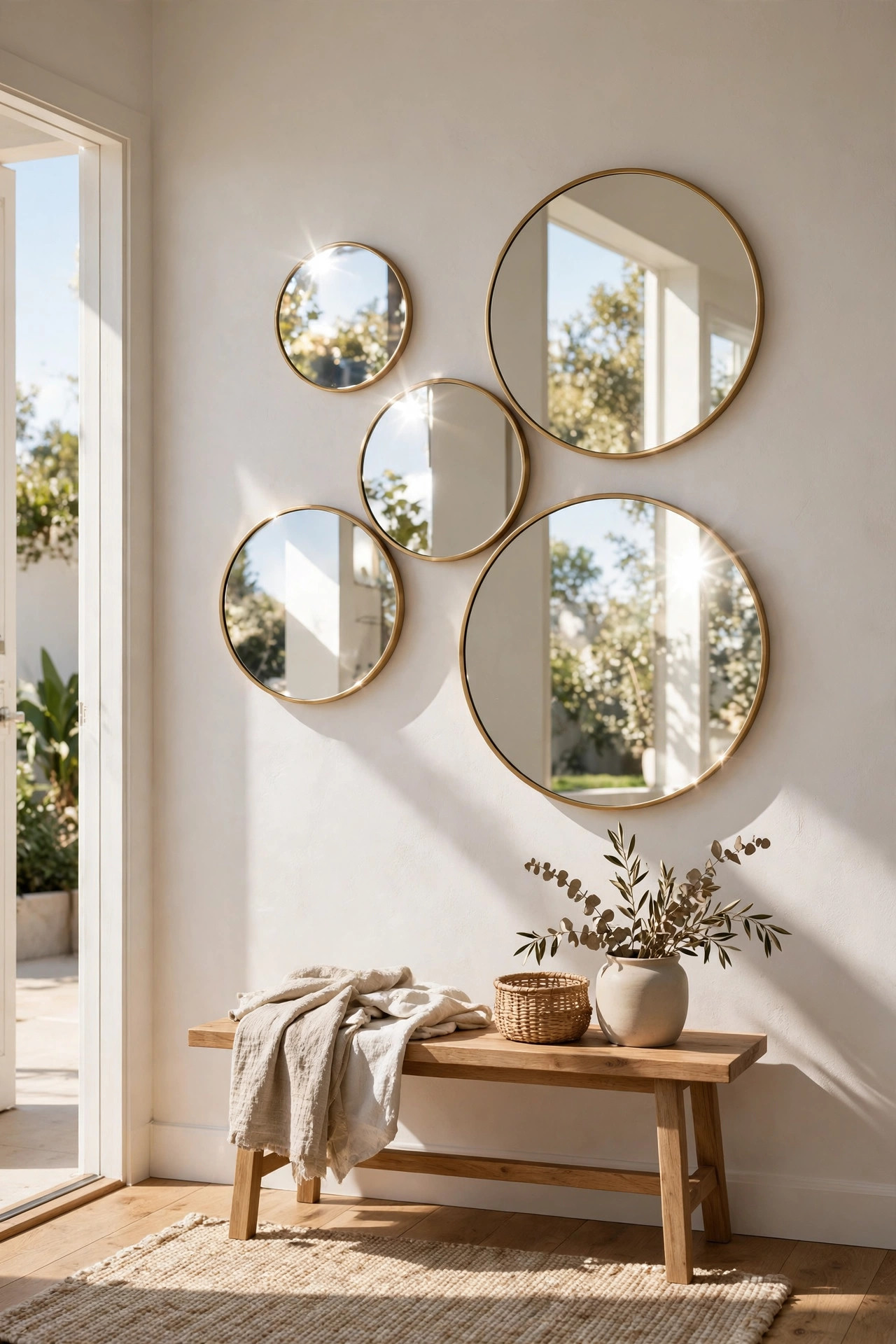Cluster of small round mirrors arranged as a gallery wall in an entryway