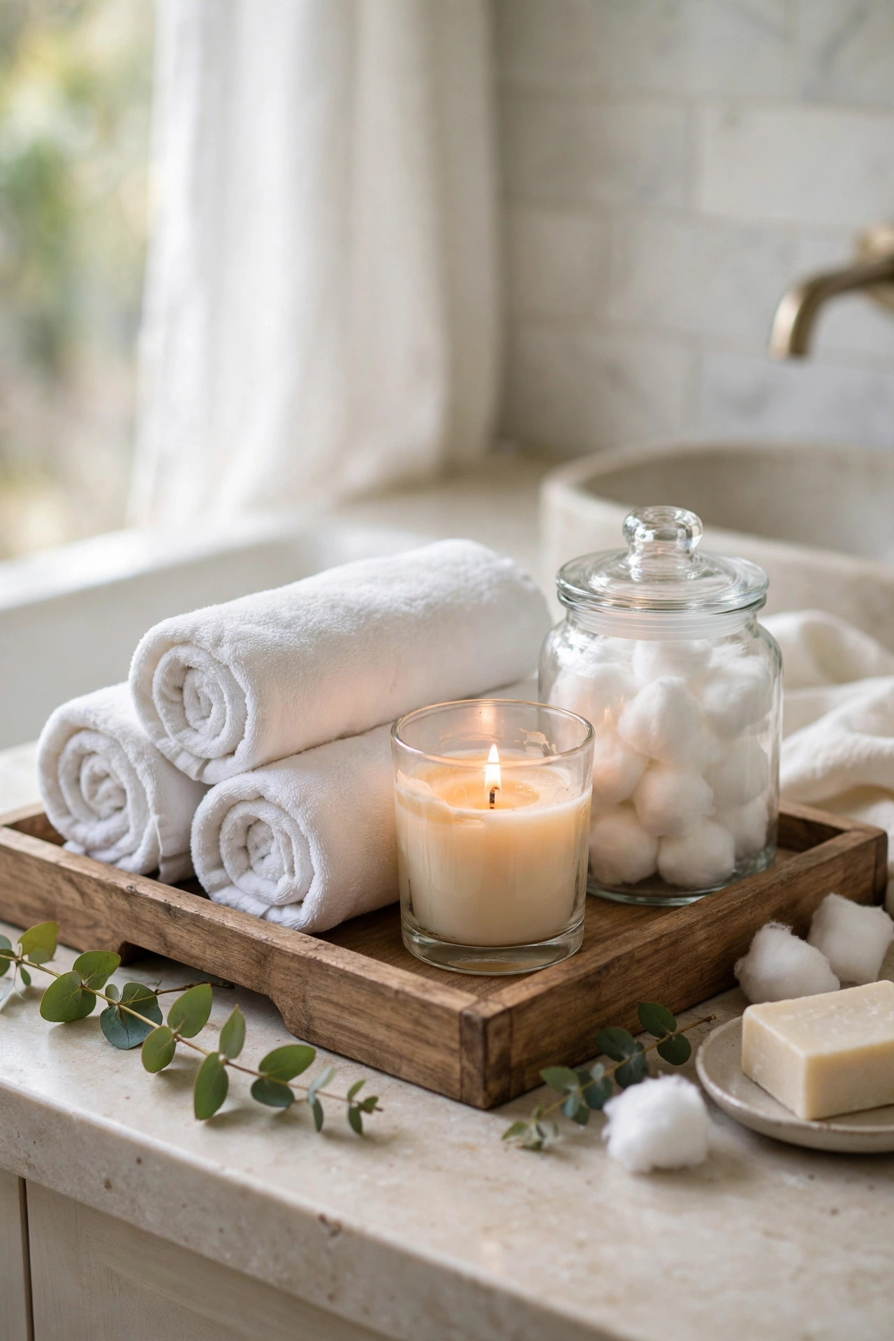 19 Dollar Store Decor Ideas That Look Way More Expensive 17 Wooden tray on a bathroom counter with rolled white towels, a lit candle and a jar of cotton balls