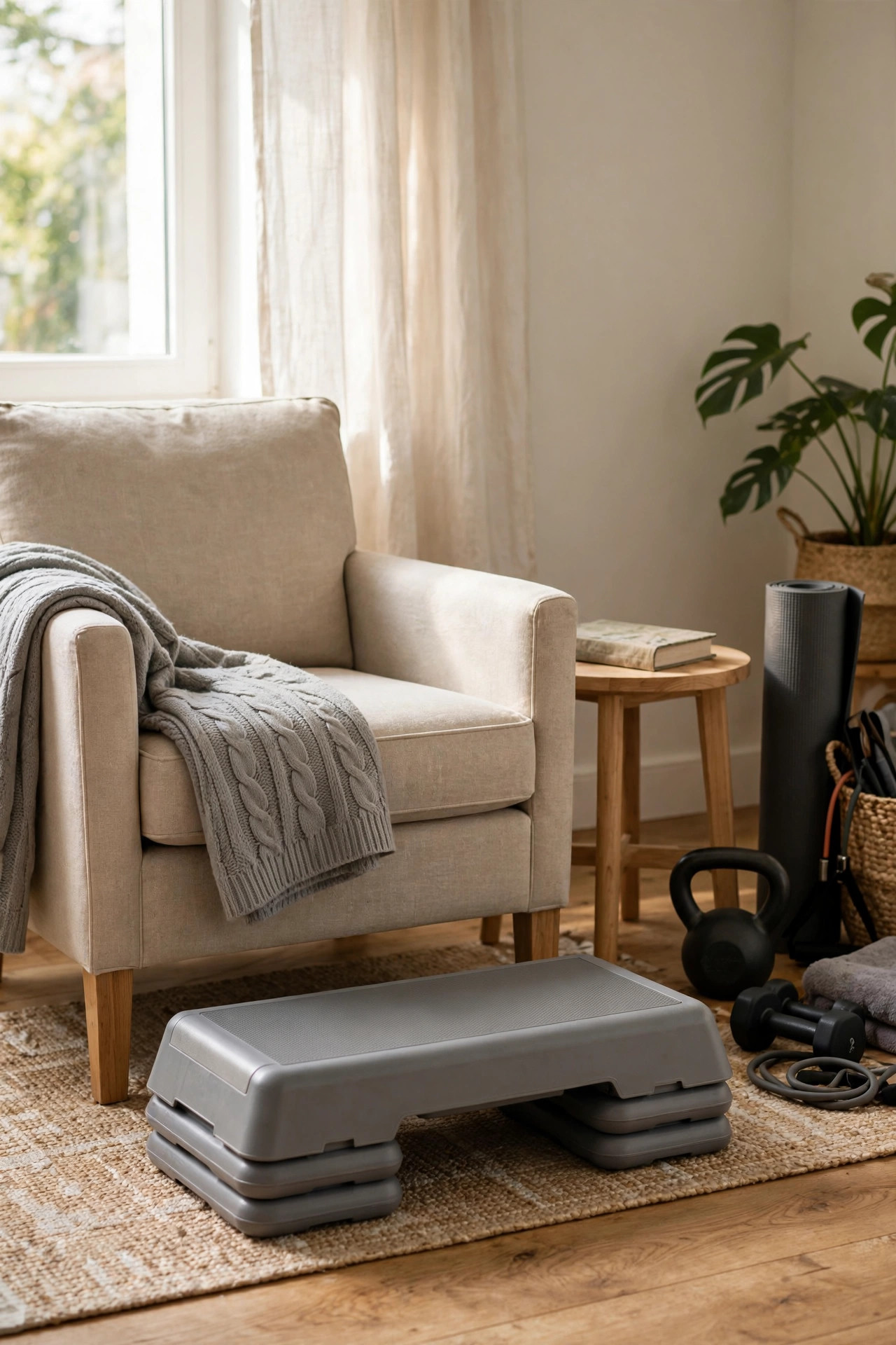 17 Small Home Gym Ideas That Fit in Any Corner 17 Aerobic step platform used as a footrest by a cozy reading chair