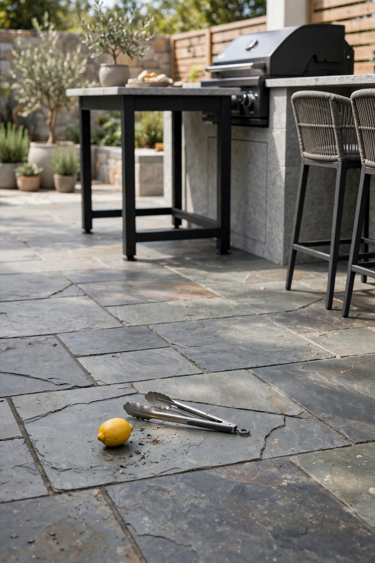Natural stone tile flooring under outdoor kitchen furniture