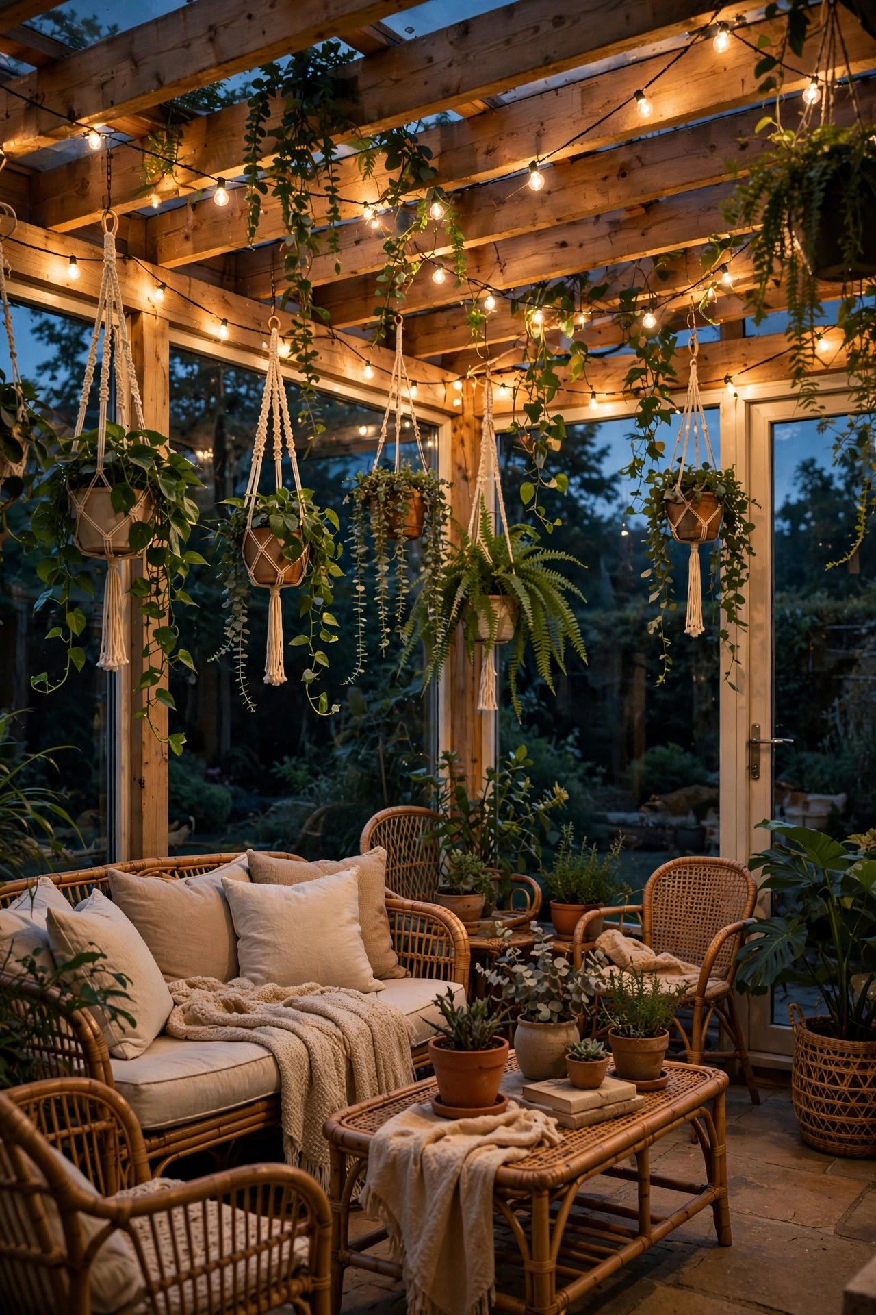 Sunroom at dusk with warm string lights draped along ceiling beams and hanging plants