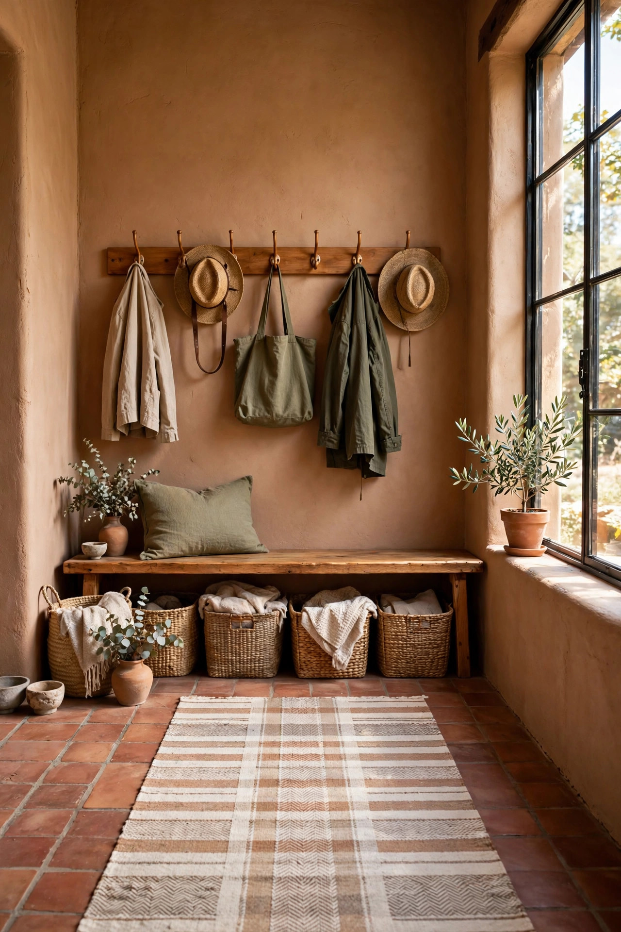 16 Earthy Paint Colors That Make a Home Feel Grounded 17 Mudroom with sunbaked adobe walls, a wooden bench, coat hooks, and woven storage baskets