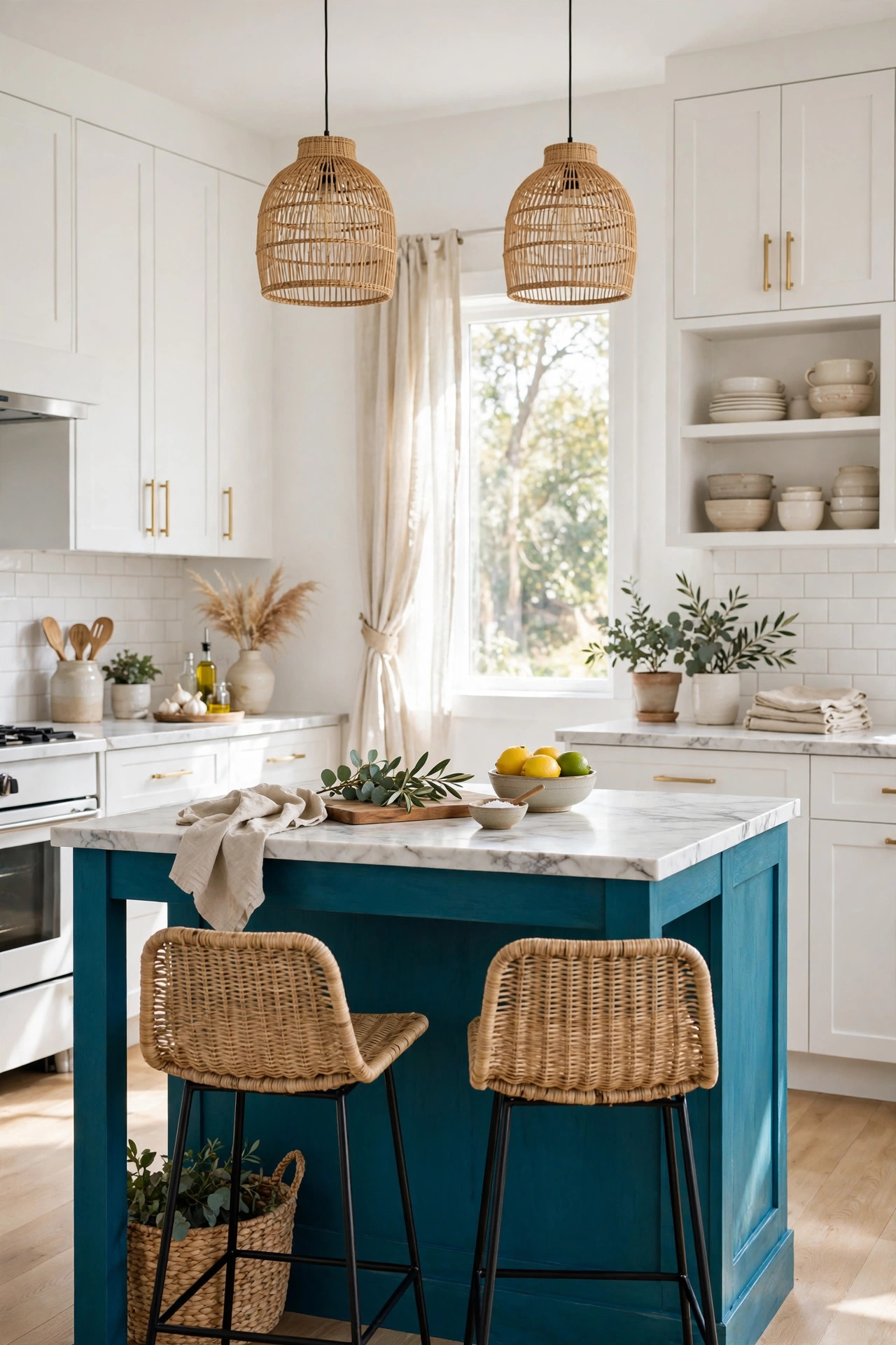 Kitchen with vibrant teal green island and crisp white surrounding cabinets.