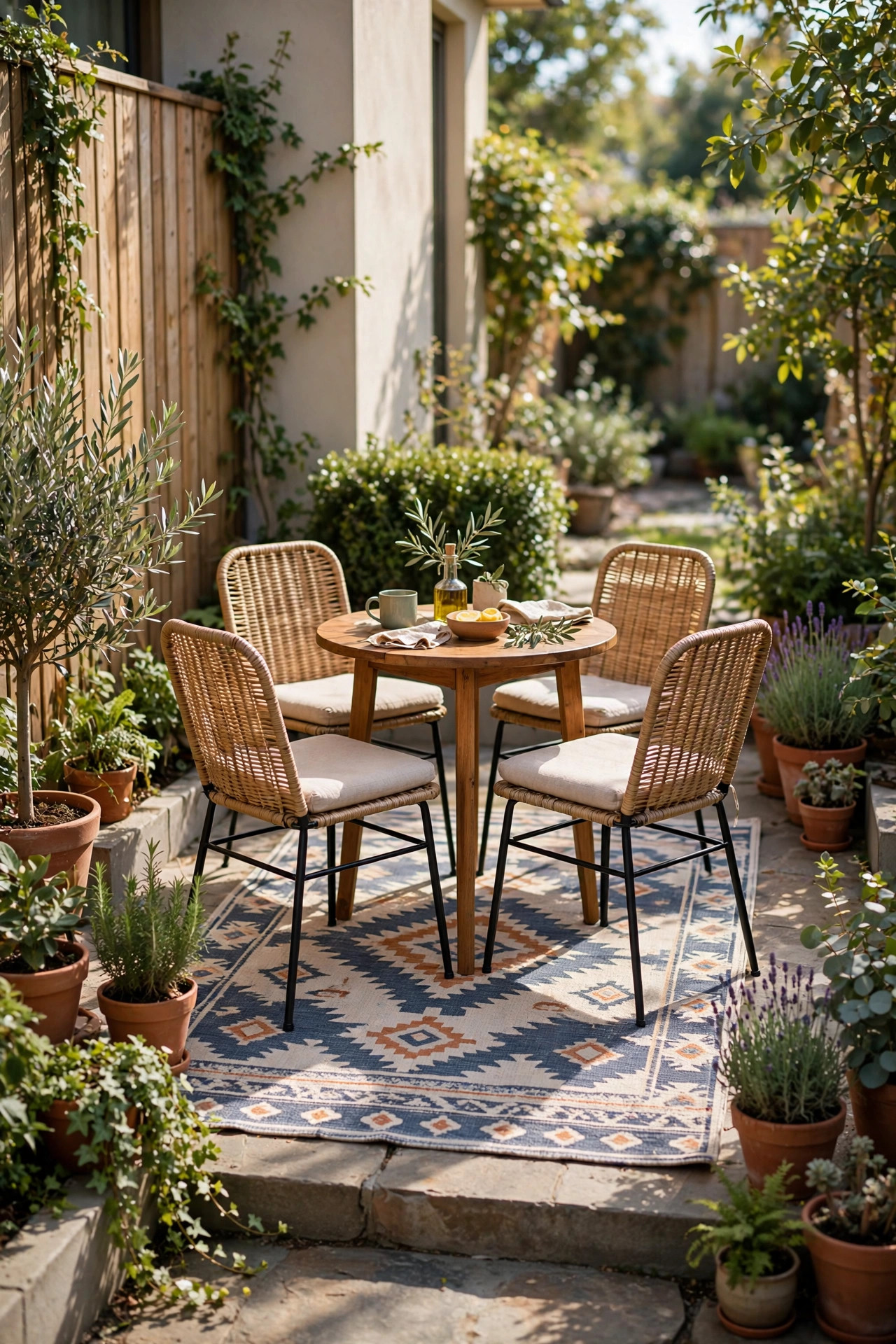 17 Outdoor Dining Ideas for Small Patios 17 Patterned outdoor rug under a compact dining table and four chairs on a small patio, all chair legs resting on the rug