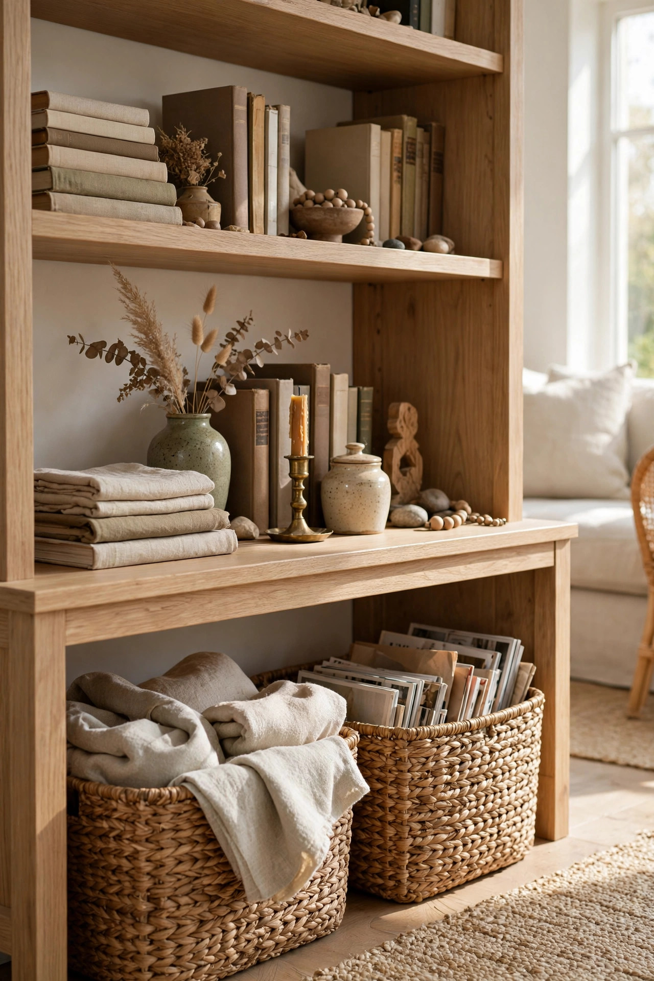 Woven seagrass baskets tucked under the bottom shelf of a bookcase holding throws