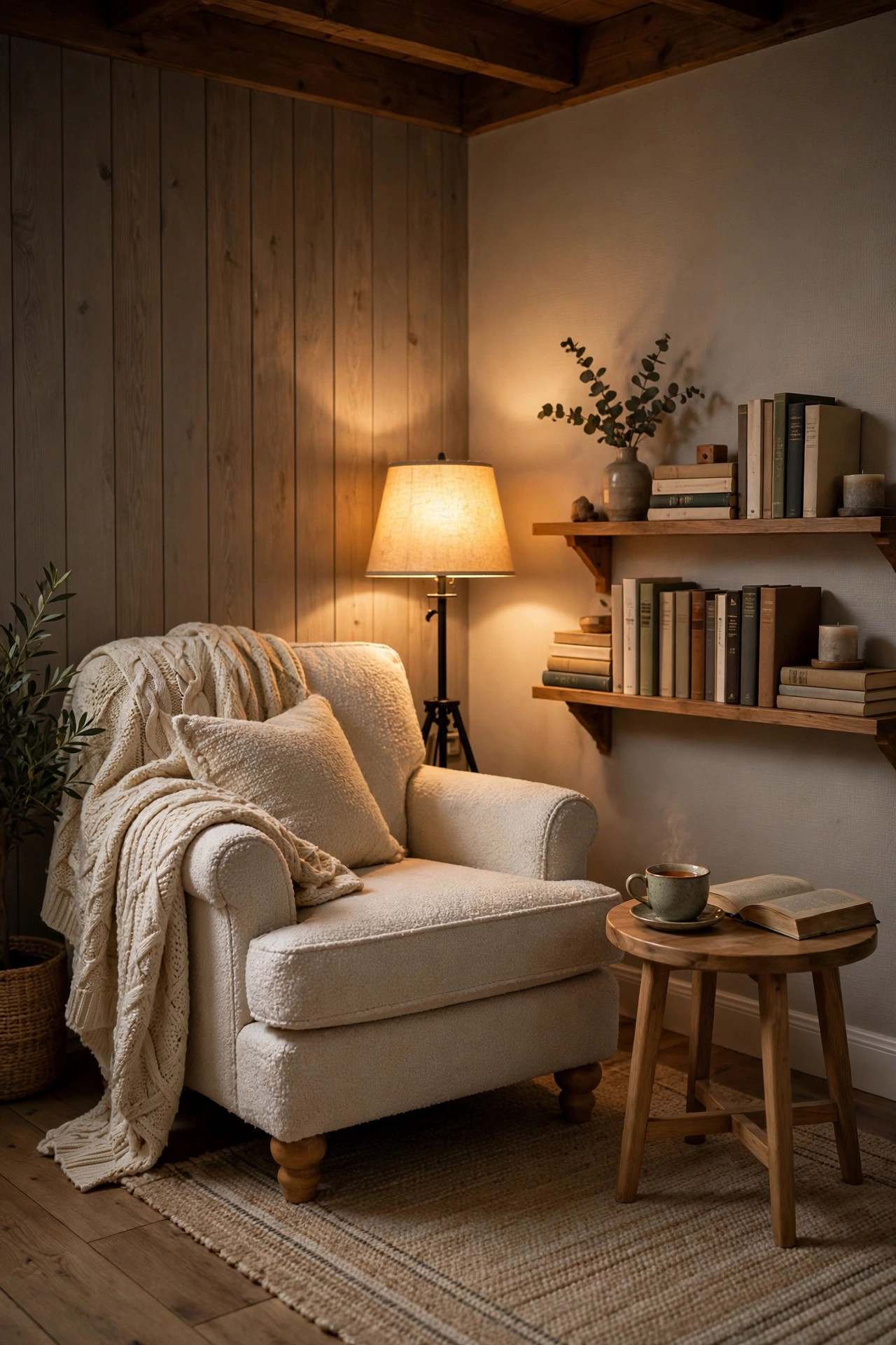 A cozy basement reading nook with an armchair, floor lamp, small bookshelf, and soft throw blanket.
