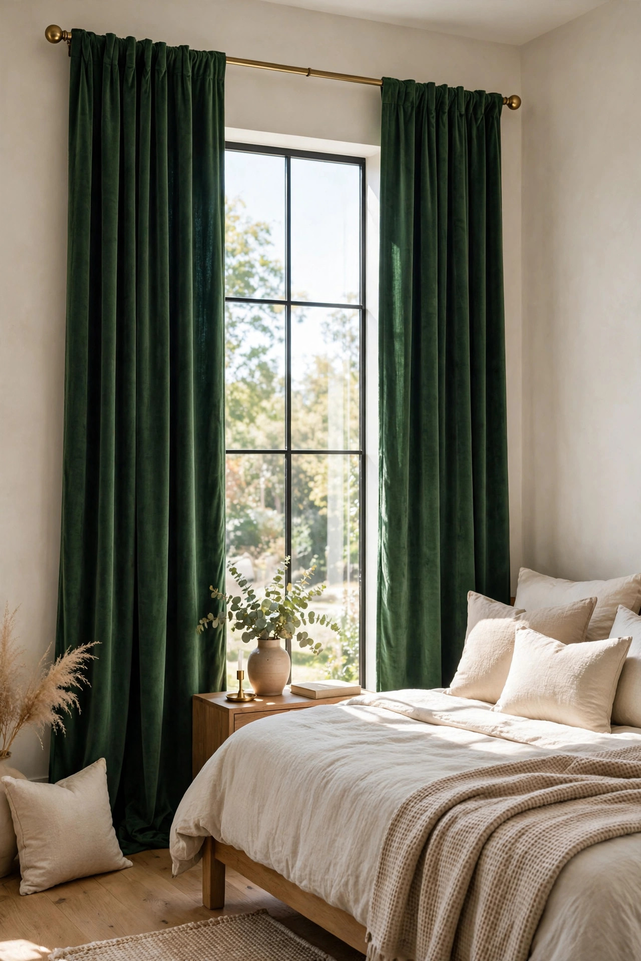17 Art Deco Bedroom Ideas With a Modern Twist 17 Floor to ceiling deep green velvet curtains on a brass rod framing a bright bedroom window.