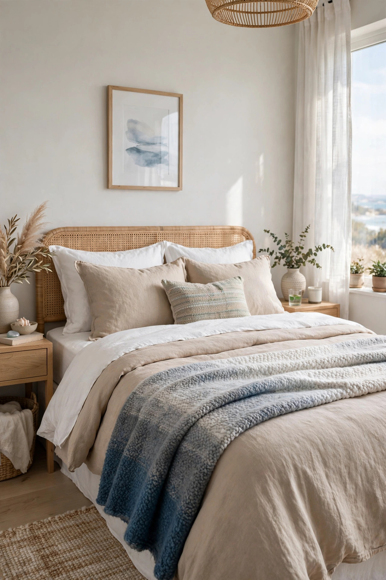 18 Coastal Bedroom Ideas Without the Cliches 17 Woven wool throw in tidal blue and gray tones folded on a bed