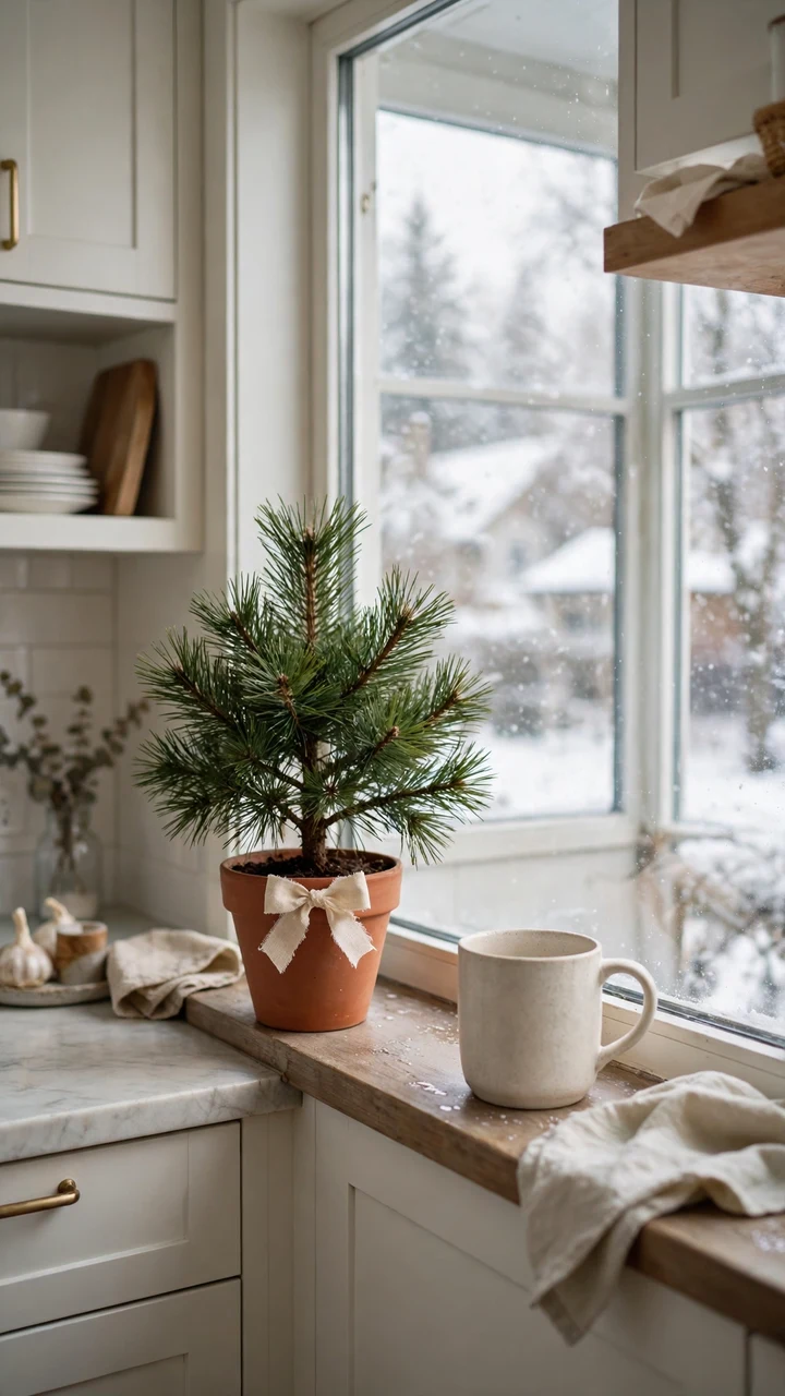 A small potted pine tree with a cream bow on a kitchen windowsill beside a mug, with snow falling outside the window.