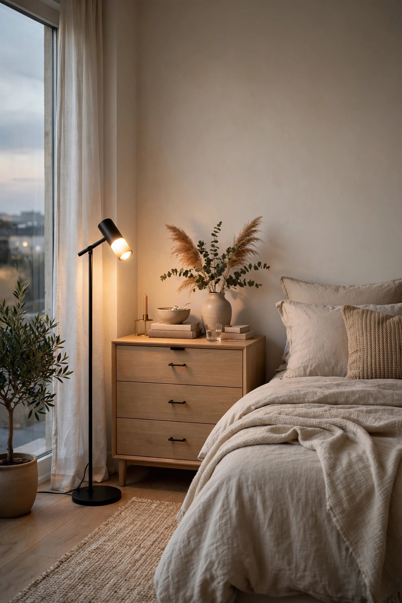 A modern dimmable LED floor lamp giving soft warm light beside a dresser in a calm bedroom corner.