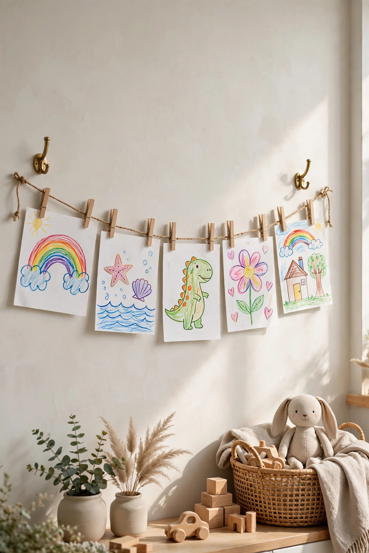Twine strung with clothespins displaying kids artwork on a wall.