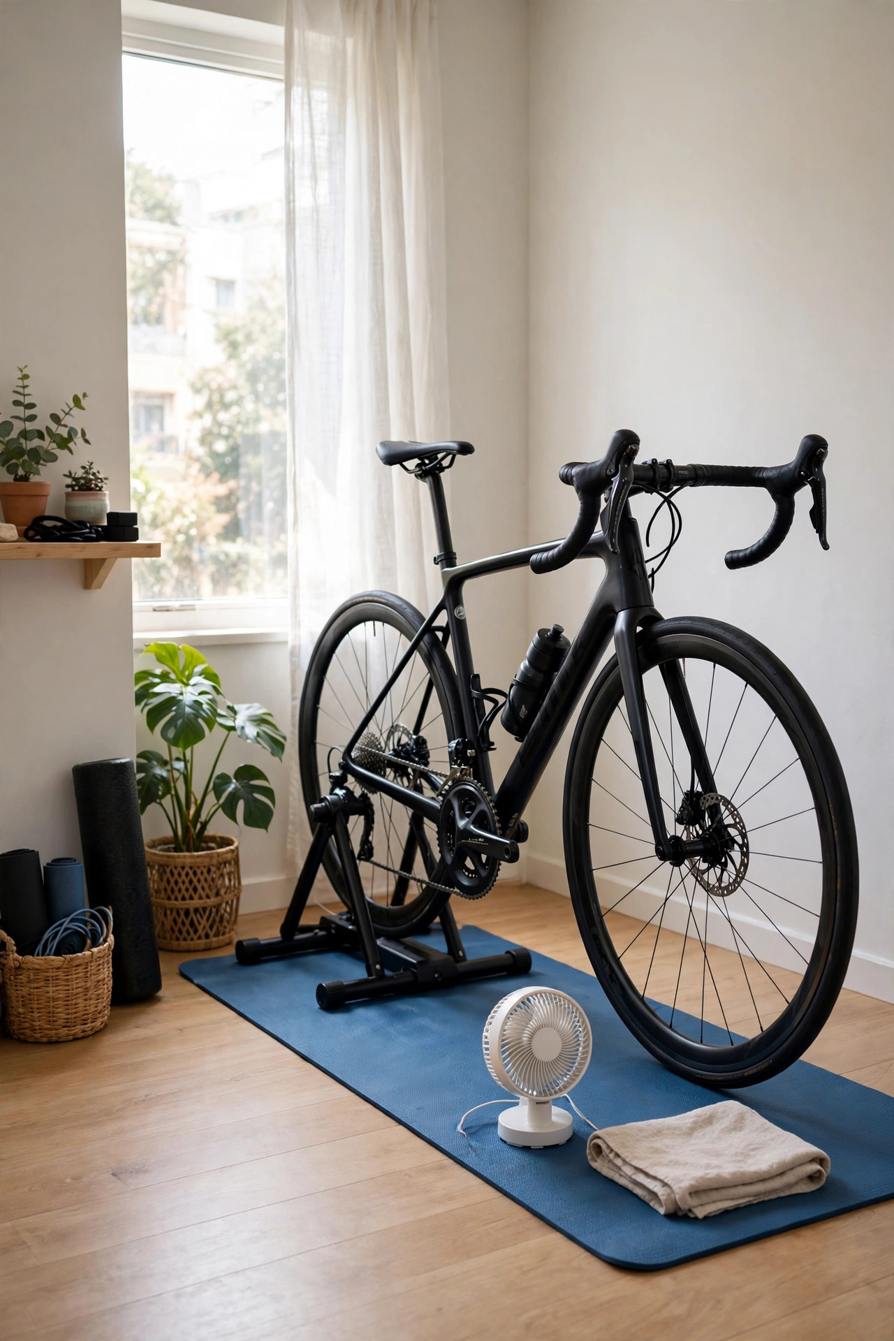 17 Small Home Gym Ideas That Fit in Any Corner 18 Road bicycle mounted on an indoor trainer stand in an apartment corner