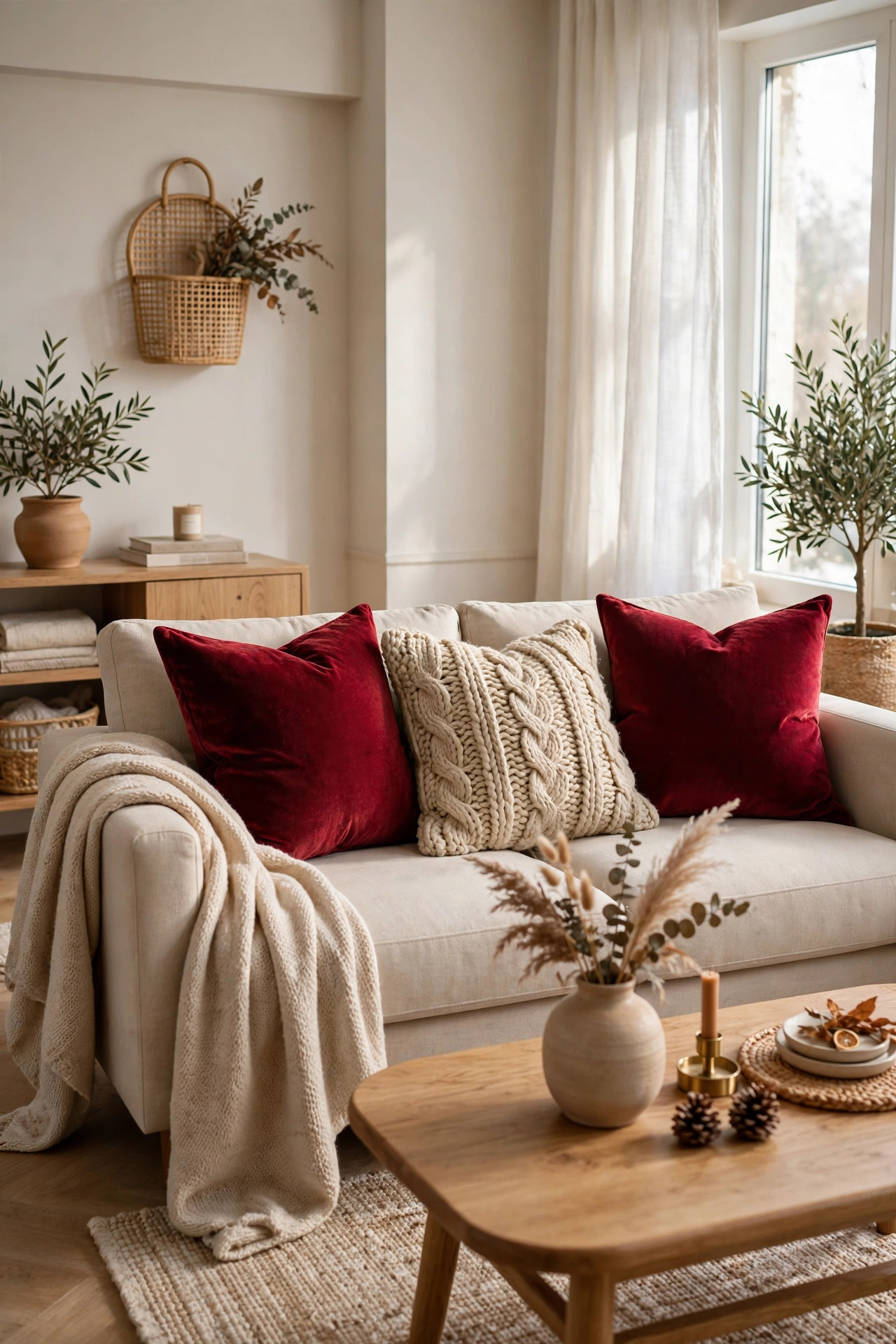 Gray sectional sofa styled with a copper metallic velvet pillow and an ash gray knit pillow near a brass lamp