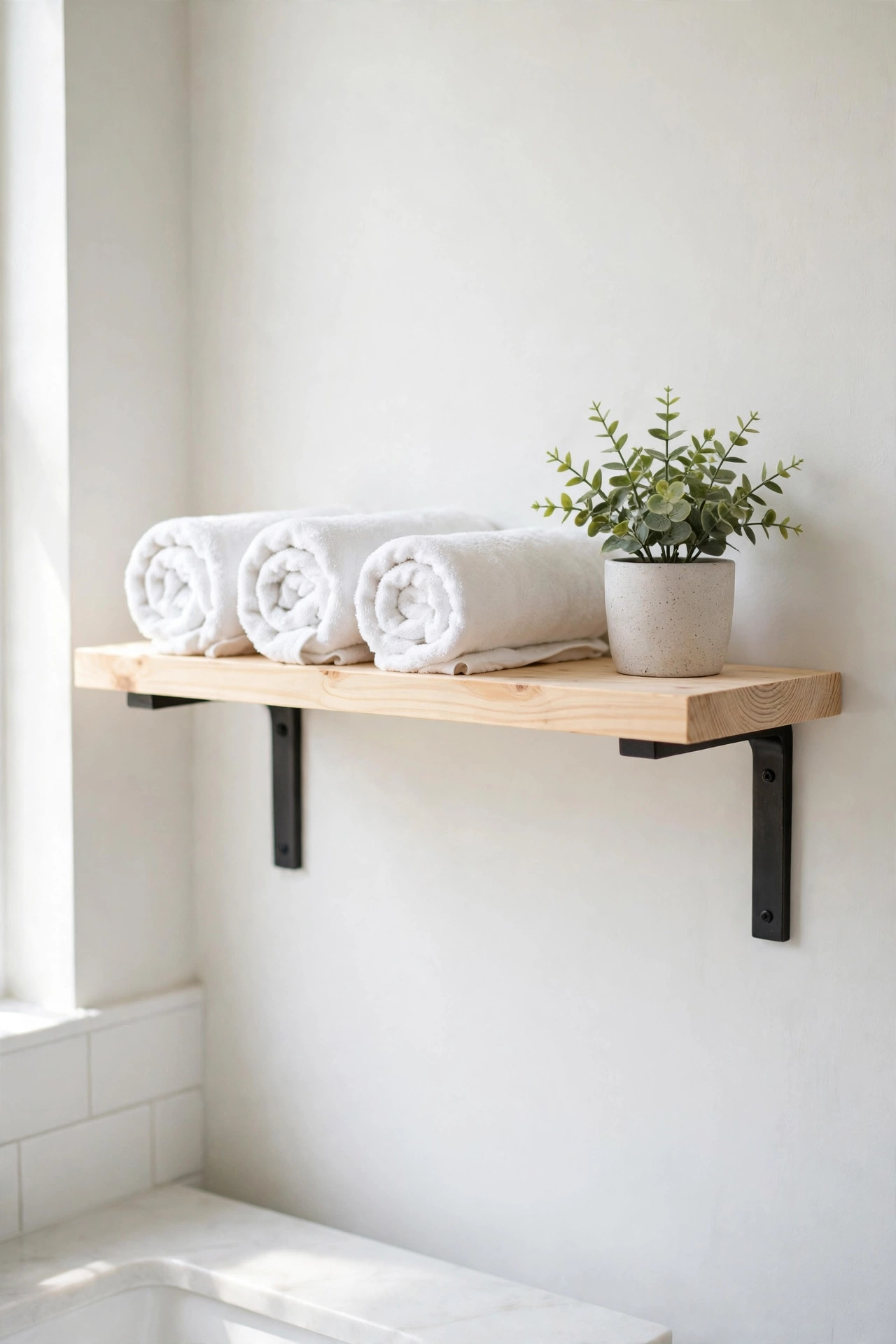22 Decor Ideas Under $50 That Change Everything 18 DIY pine board floating shelf with rolled towels and a plant on a bathroom wall