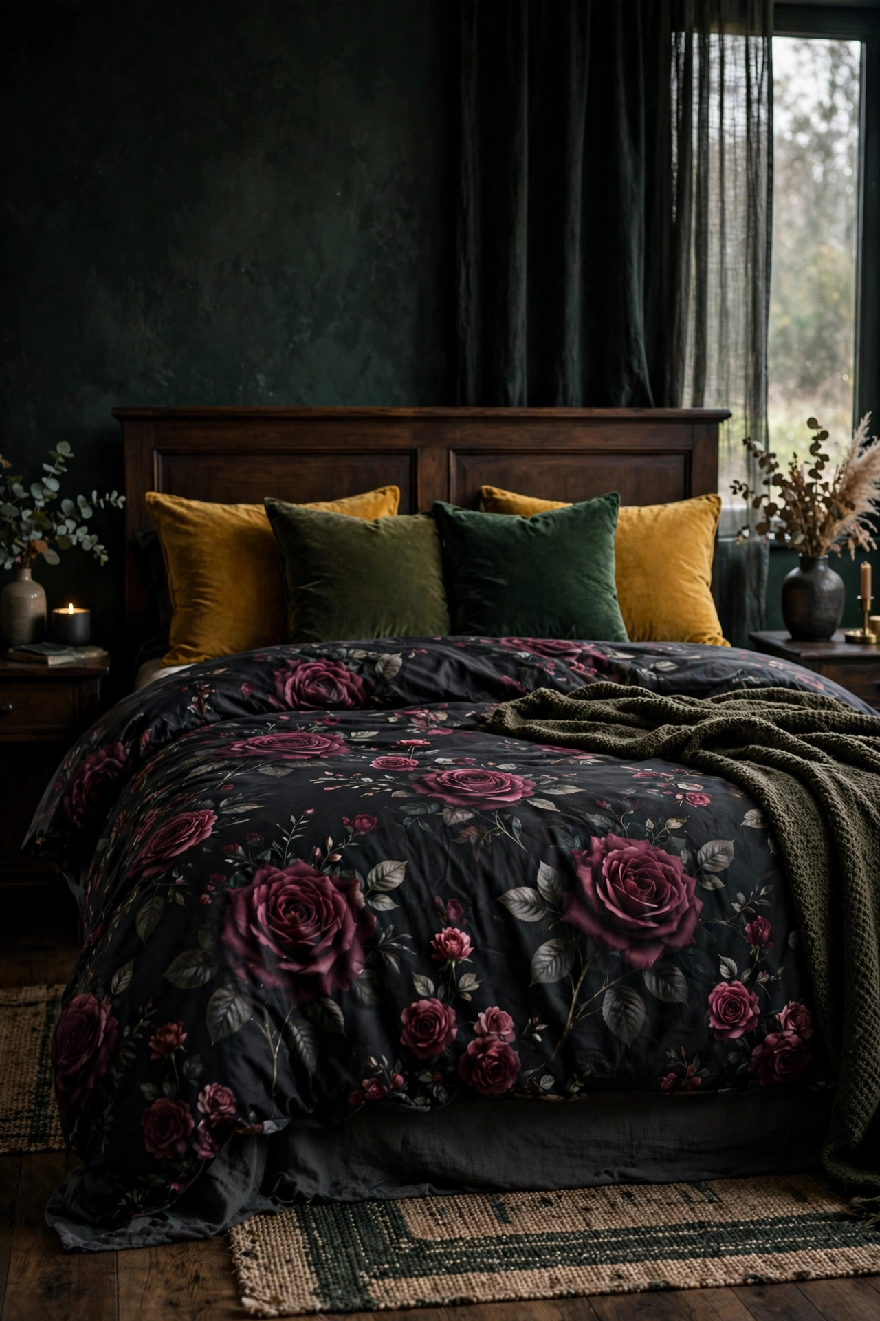 21 Dark Academia Room Decor Ideas That Feel Like an Old Library 18 Bed with dark floral burgundy rose duvet and velvet cushions