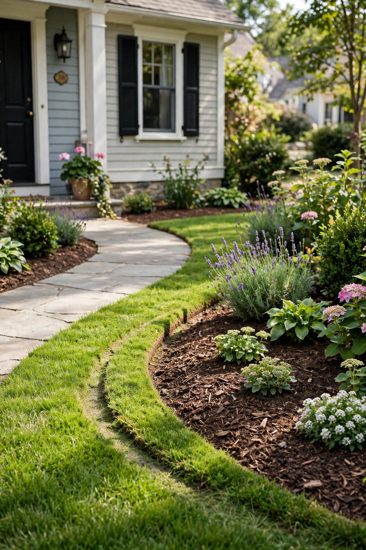 Small Front Yard Landscaping Ideas With Big Impact 18 Crisp curved lawn edge cut along a small front yard walkway.