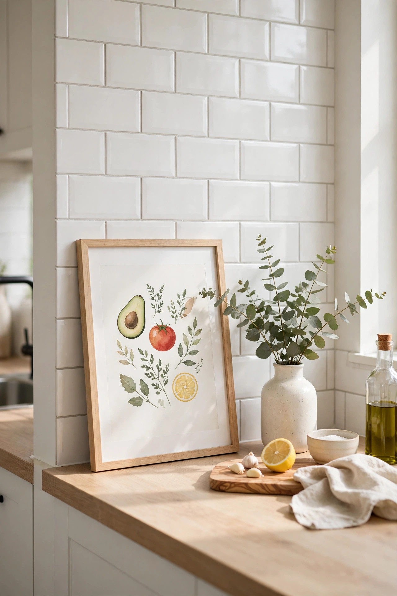 18 Renter-Friendly Kitchen Upgrades That Need Zero Permission 18 Framed food print leaning against a white subway tile backsplash