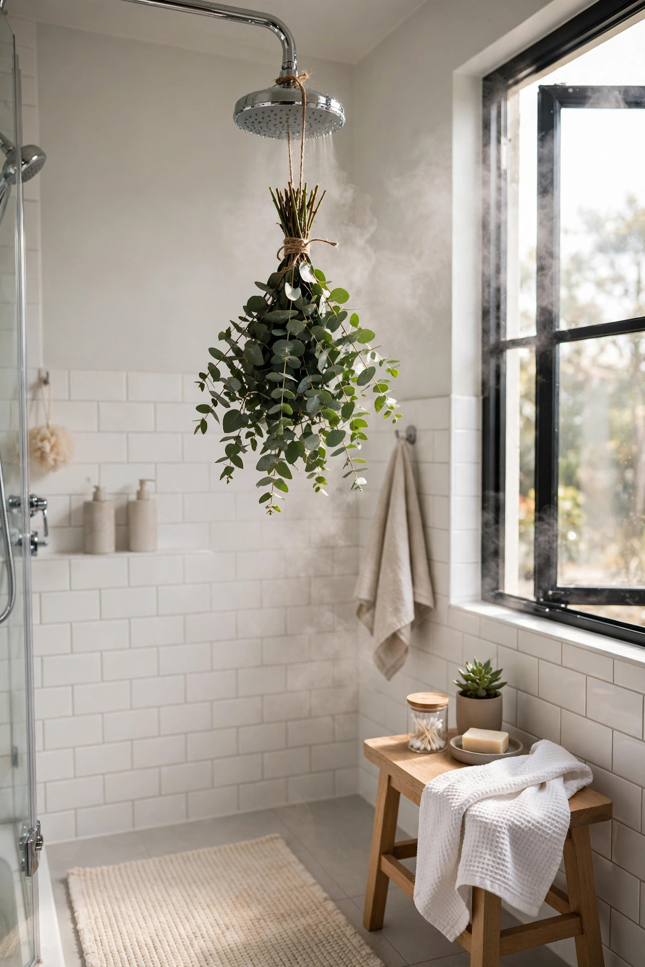 19 Rental Bathroom Ideas That Make It Feel Like Your Own 18 A fresh eucalyptus bundle tied with twine hanging from a chrome showerhead in a bright bathroom.
