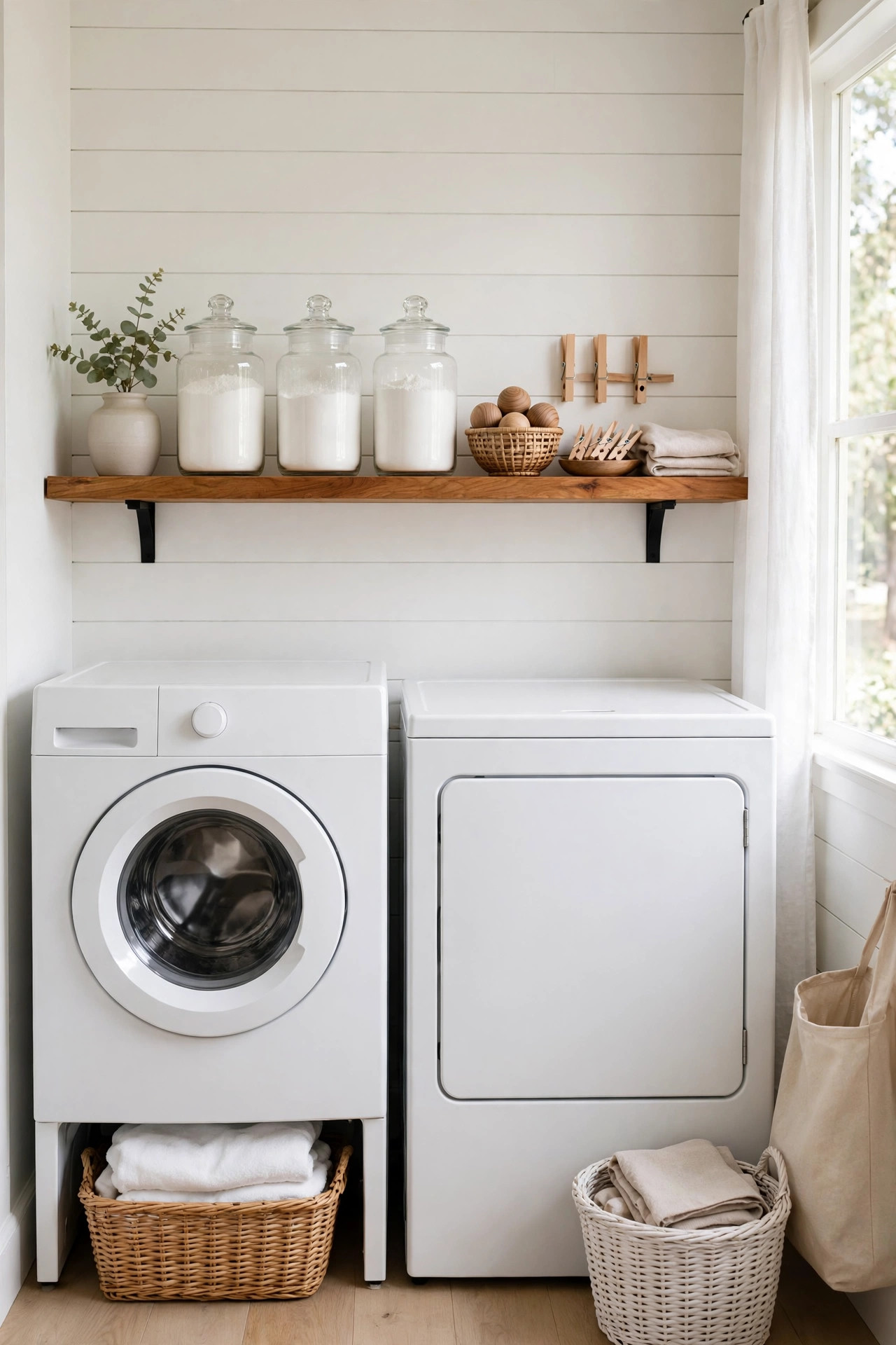 Clear glass jars filled with detergent powder and wooden clothespins on a laundry shelf.
