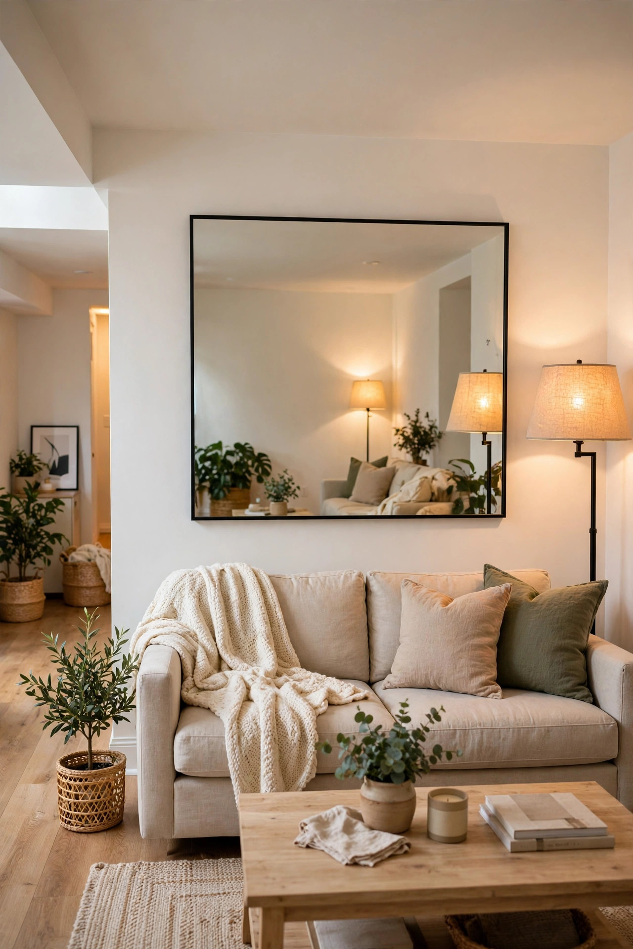 A large wall mirror reflecting warm light and making a basement family room feel bigger and brighter.
