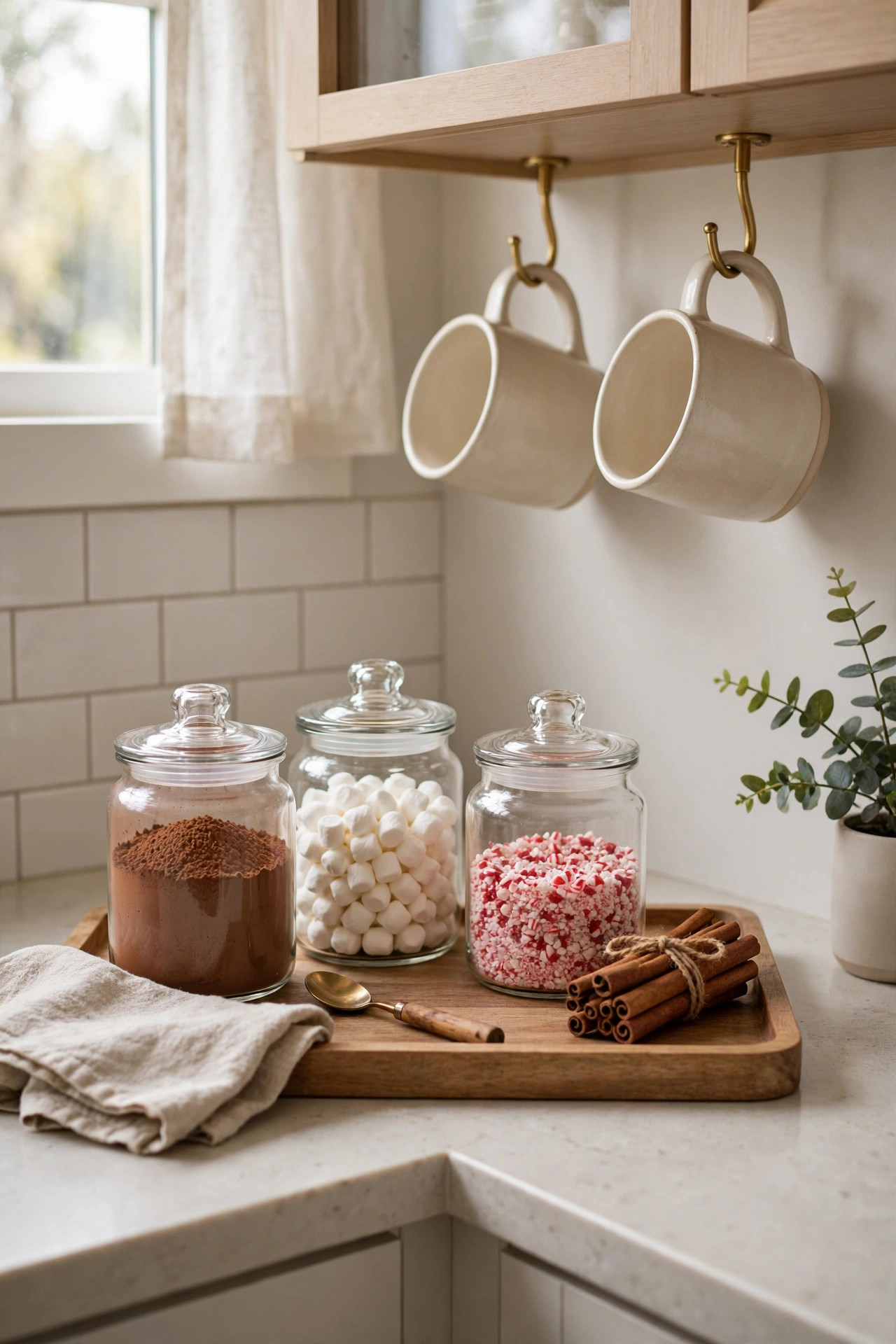 Cozy Winter Home Decor Ideas for After the Holidays 18 Kitchen corner cocoa station with glass jars of cocoa and marshmallows, hanging mugs, and cinnamon sticks on a wooden tray
