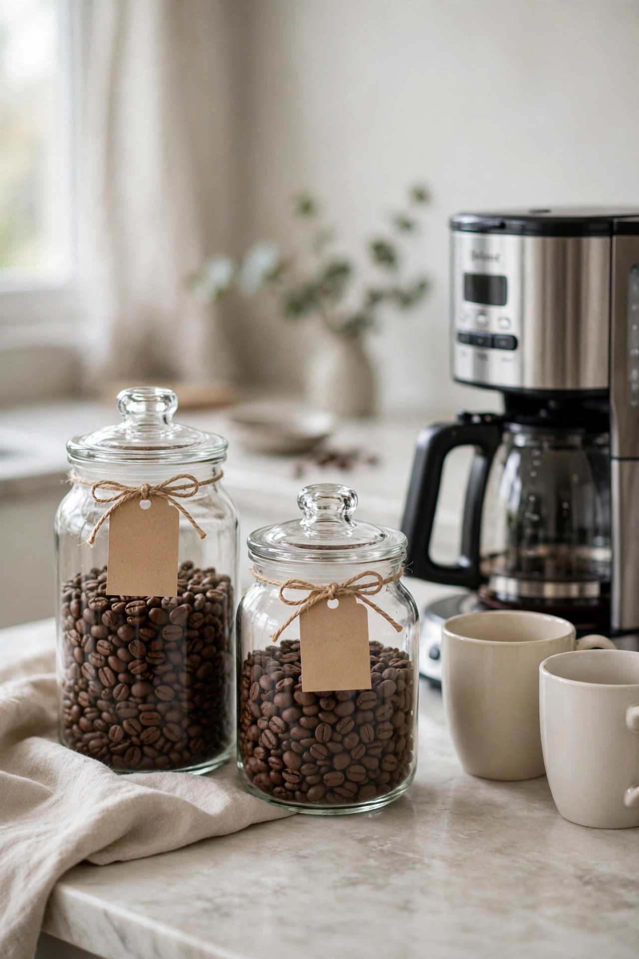 Glass coffee jars with small kraft paper tags tied with twine around their necks.