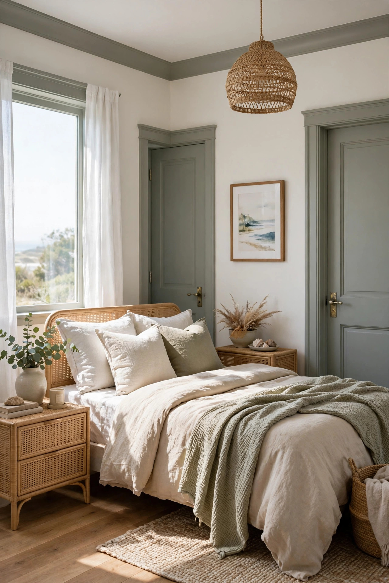 18 Coastal Bedroom Ideas Without the Cliches 18 Bedroom door and trim painted in misty gray green