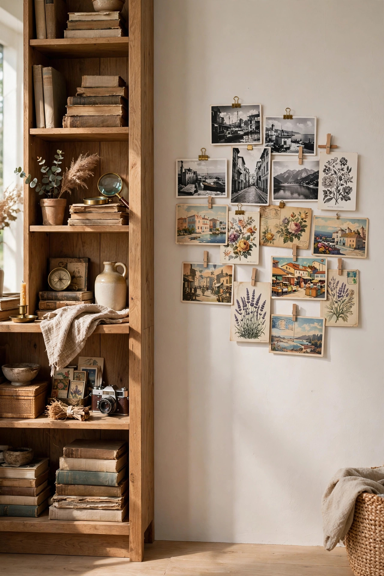 Old postcards pinned in a loose cluster on the wall beside a styled bookshelf