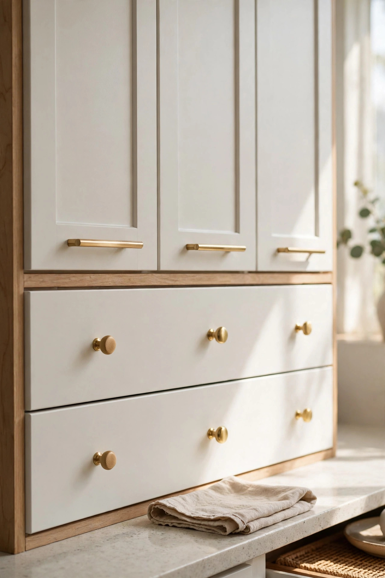 Kitchen cabinets with new stylish handles and knobs.