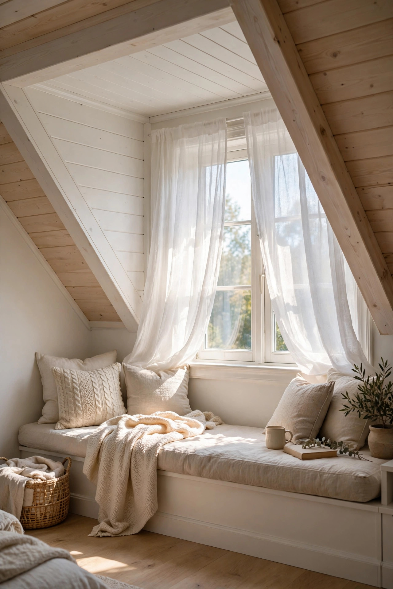 Sheer white curtains on a dormer window filtering soft daylight into an attic bedroom.