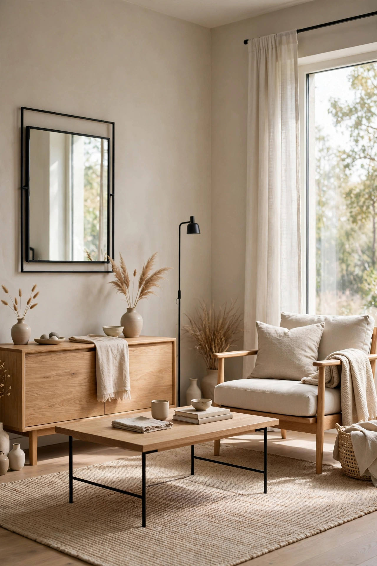 Japandi living room with slim black metal floor lamp and black framed mirror